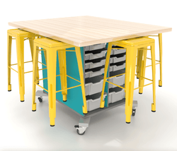 CEF Hideaway Storage Table 42"H - Double Sided 24 Bin Storage Cart and a High Pressure Laminate Top 49"W x 60"D with 6 Metal Stools Included