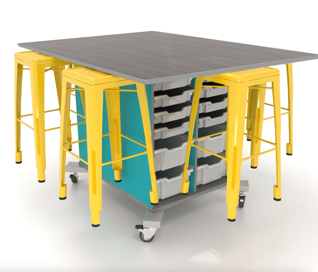 CEF Hideaway Storage Table 42"H - Double Sided Storage Cart with Split Shelves and 12 Bins and a High Pressure Laminate Top 48"W x 60"D, 6 Metal Stools Included - SchoolOutlet