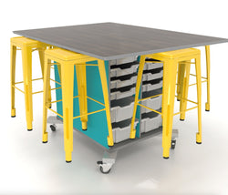 CEF Hideaway Storage Table 42"H - Double Sided Storage Cart with Split Shelves and 12 Bins and a High Pressure Laminate Top 48"W x 60"D, 6 Metal Stools Included