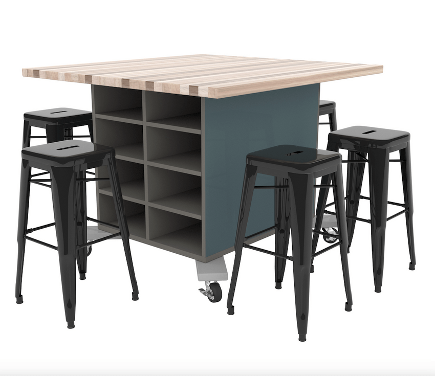 CEF Hideaway Storage Table 42"H - Double Sided Storage Cart with Split Shelves and 12 Bins and a High Pressure Laminate Top 49"W x 60"D, 6 Metal Stools Included - SchoolOutlet