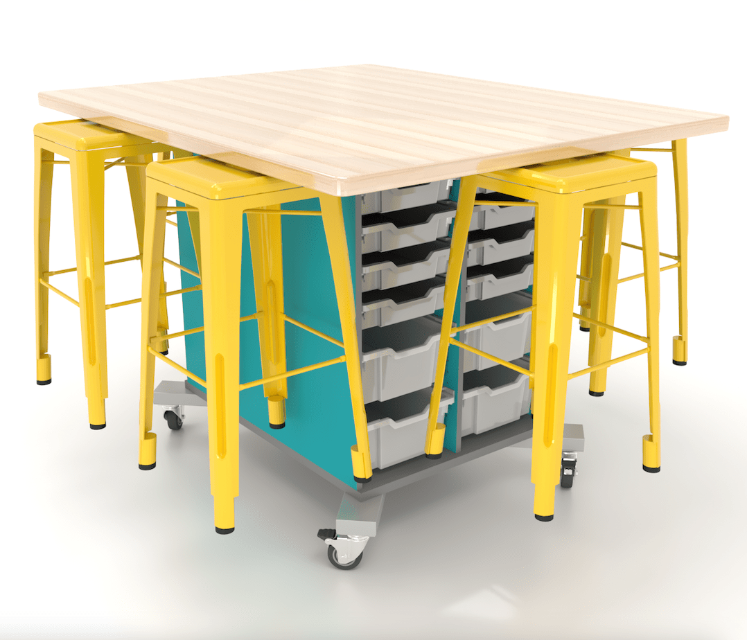 CEF Hideaway Storage Table 42"H - Double Sided Storage Cart with Split Shelves and 12 Bins and a High Pressure Laminate Top 49"W x 60"D, 6 Metal Stools Included - SchoolOutlet