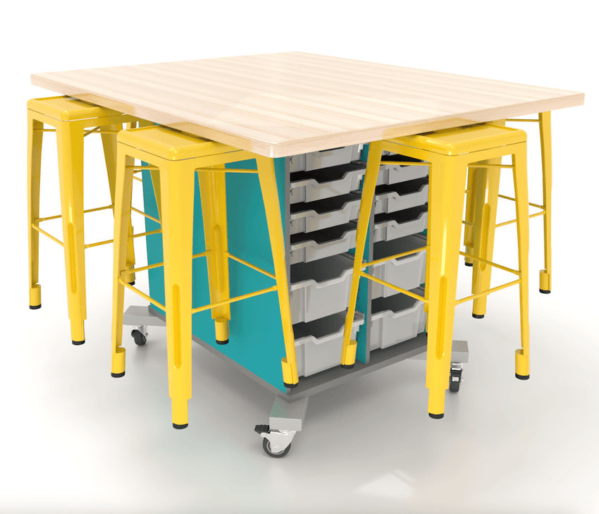 CEF Hideaway Storage Table 42"H - Double Sided Storage Cart with Split Shelves and 12 Bins and a High Pressure Laminate Top 49"W x 60"D, 6 Metal Stools Included - SchoolOutlet