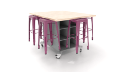 CEF Hideaway Storage Table 42"H - Double Sided Storage Cart with Split Shelves and a Solid Maple Butcher Block Top 49"W x 60"D, 6 Metal Stools Included