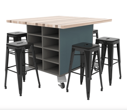 CEF Hideaway Storage Table 42"H - Double Sided Storage Cart with Split Shelves and a High Pressure Laminate Top 49"W x 60"D, 6 Metal Stools Included