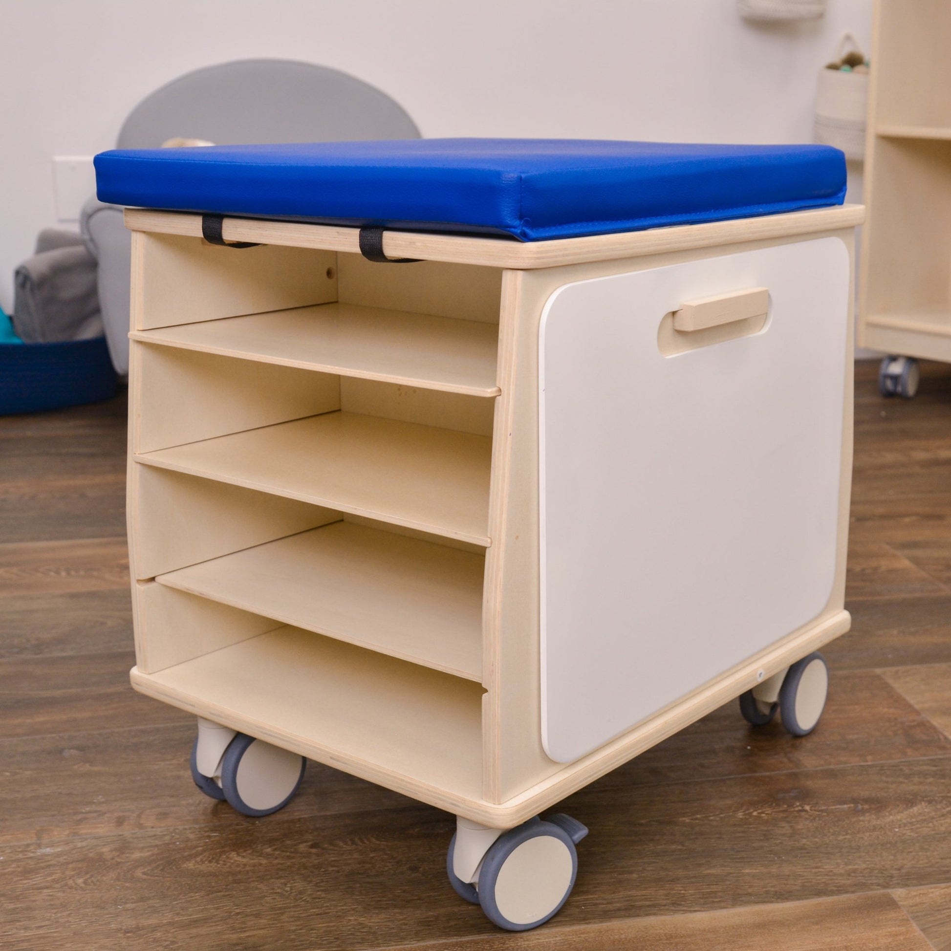 Angeles Birch Mobile Teacher Stool with Storage - Blue Cushion (AG1854B) - SchoolOutlet