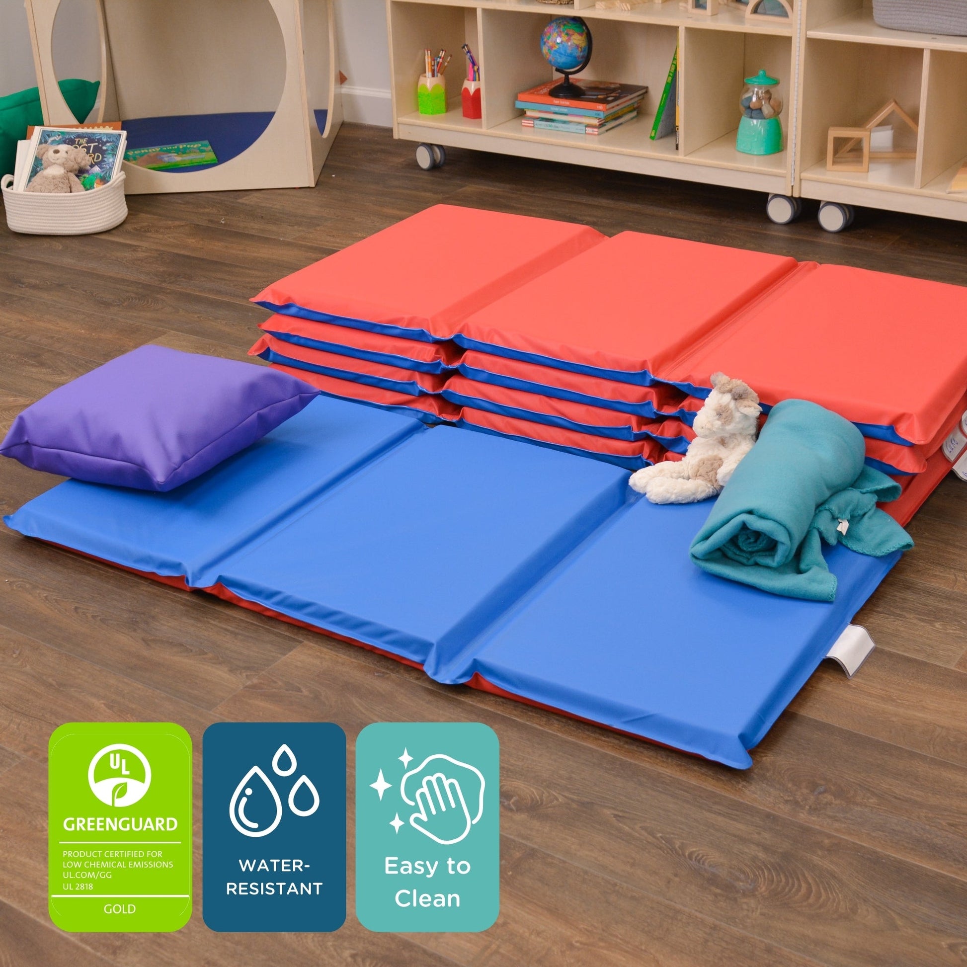 Children's Factory 2" Infection Control 3 Section Folding Rest Mat - Set of 5 - Red/Blue (CF400-513RB) - SchoolOutlet