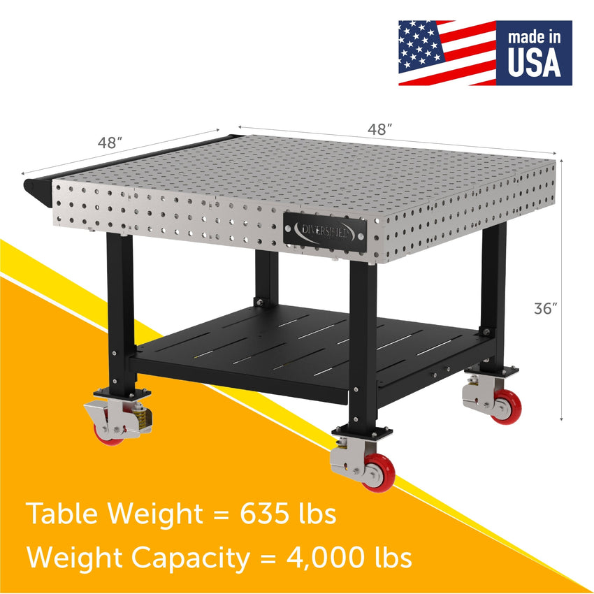 Diversified Woodcrafts Welding Table, Fixed Height, 36"H x 48"L x 48"D, 1 Shelf, Handle, Casters (DIV - DMW4848SHC) - SchoolOutlet