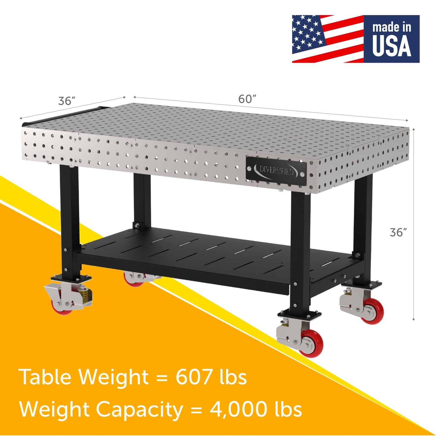 Diversified Woodcrafts Welding Table, Fixed Height, 36"H x 60"L x 36"D, 1 Shelf, Handle, Casters (DIV - DMW6036SHC) - SchoolOutlet