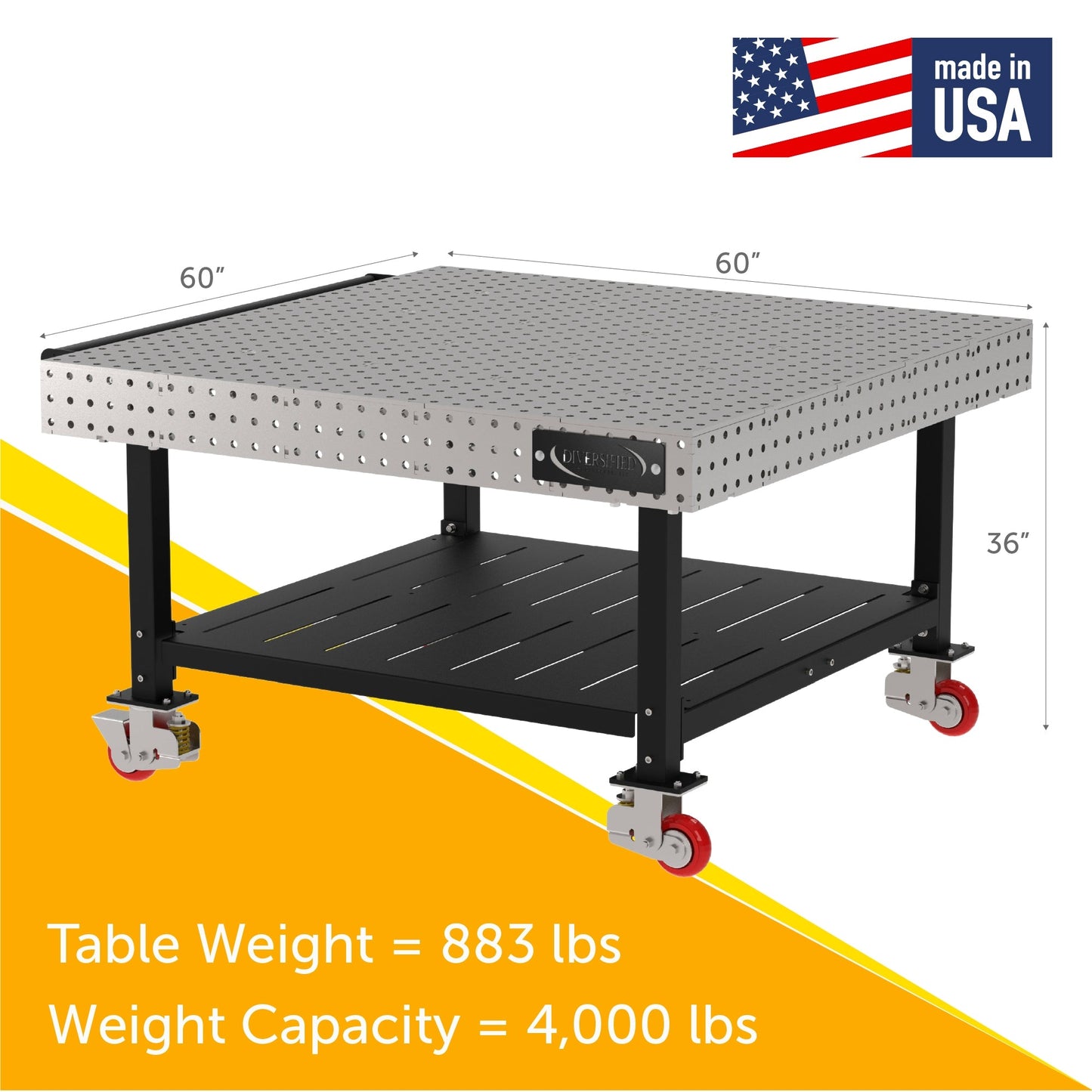 Diversified Woodcrafts Welding Table, Fixed Height, 36"H x 60"L x 60"D, 1 Shelf, Handle, Casters (DIV - DMW6060SHC) - SchoolOutlet