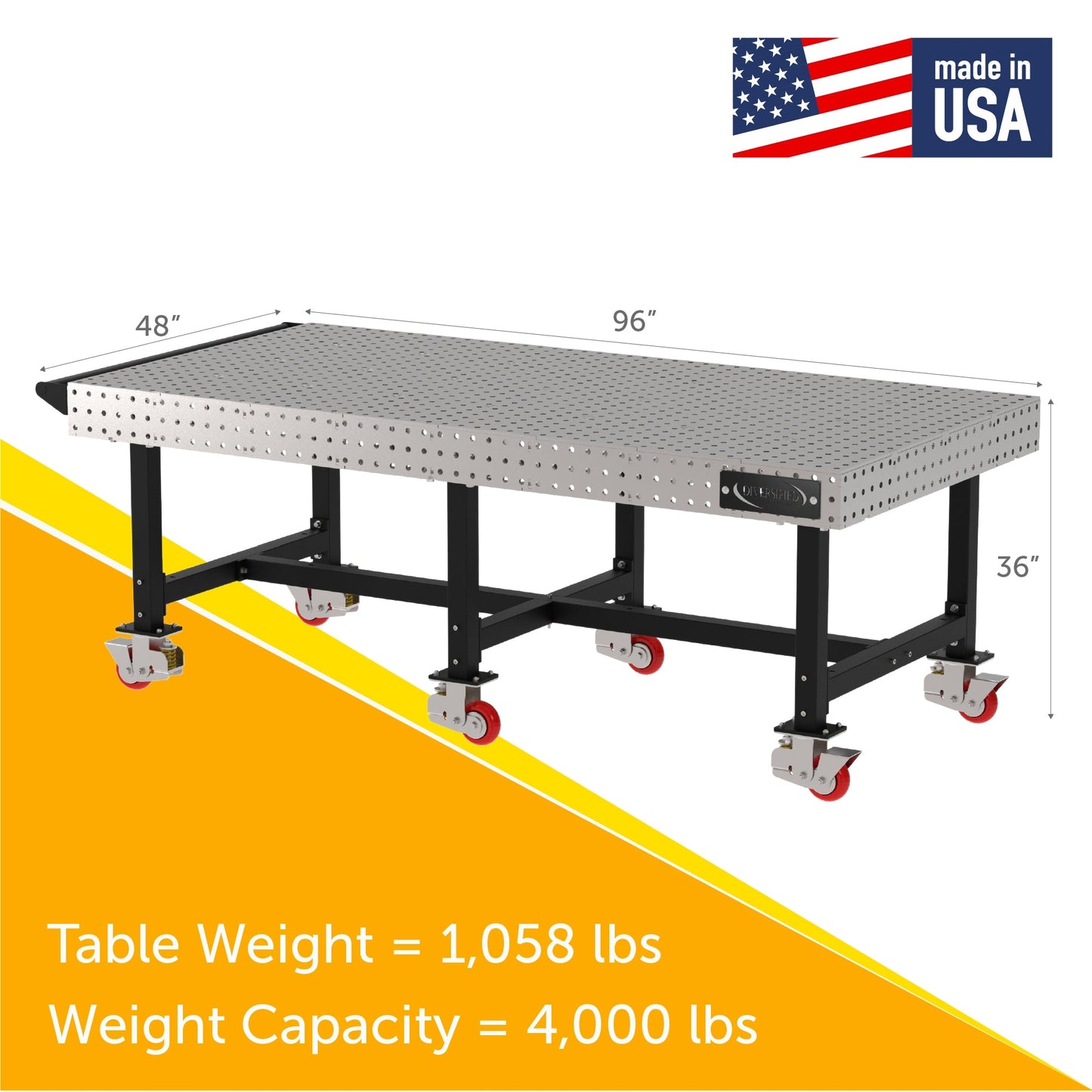Diversified Woodcrafts Welding Table, Fixed Height, 36"H x 96"L x 48"D, Handle, Casters (DIV - DMW9648HC) - SchoolOutlet