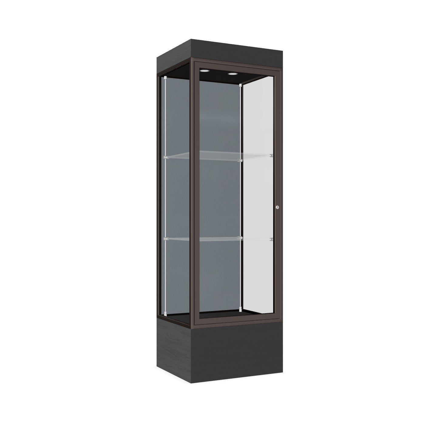 Ghent Edge Floor Display Case Lighted 12"H Laminate Base Finish, Aluminum Frame - 76"H x 24"W x 20"D (93LFXX)