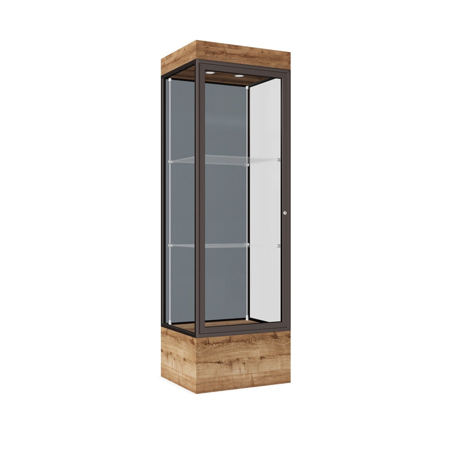 Ghent Edge Floor Display Case Lighted 12"H Laminate Base Finish, Aluminum Frame - 76"H x 24"W x 20"D (93LFXX)