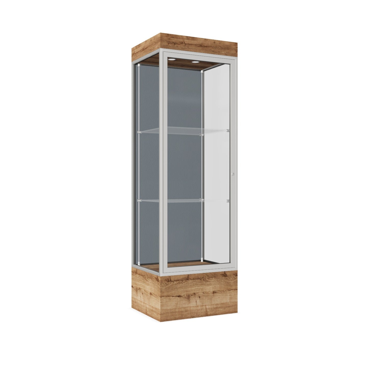 Ghent Edge Floor Display Case Lighted 12"H Laminate Base Finish, Aluminum Frame - 76"H x 24"W x 20"D (93LFXX)