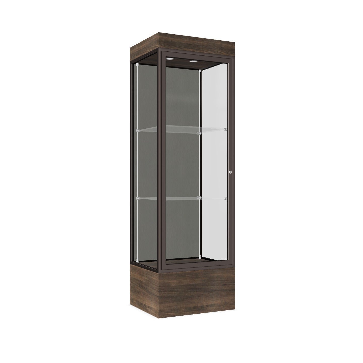 Ghent Edge Floor Display Case Lighted 12"H Laminate Base Finish, Aluminum Frame - 76"H x 24"W x 20"D (93LFXX)