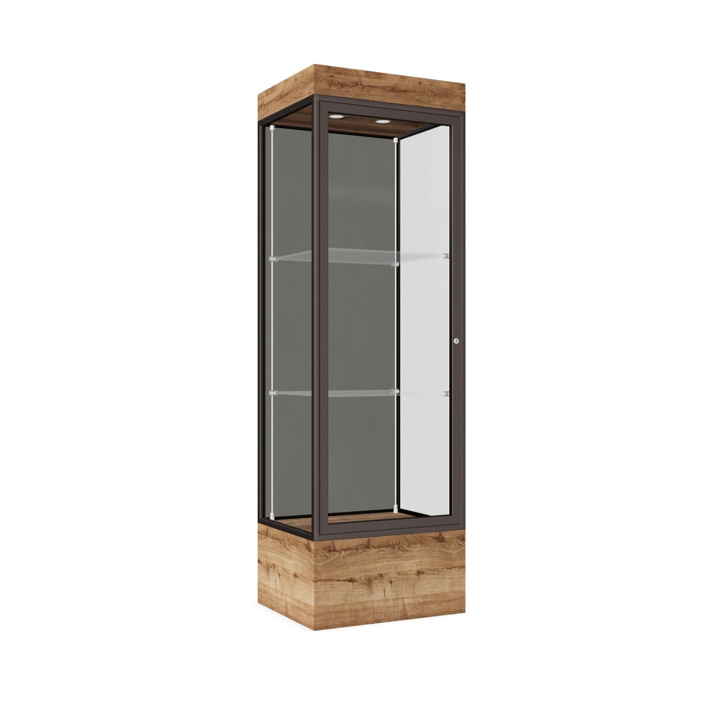 Ghent Edge Floor Display Case Lighted 12"H Laminate Base Finish, Aluminum Frame - 76"H x 24"W x 20"D (93LFXX)