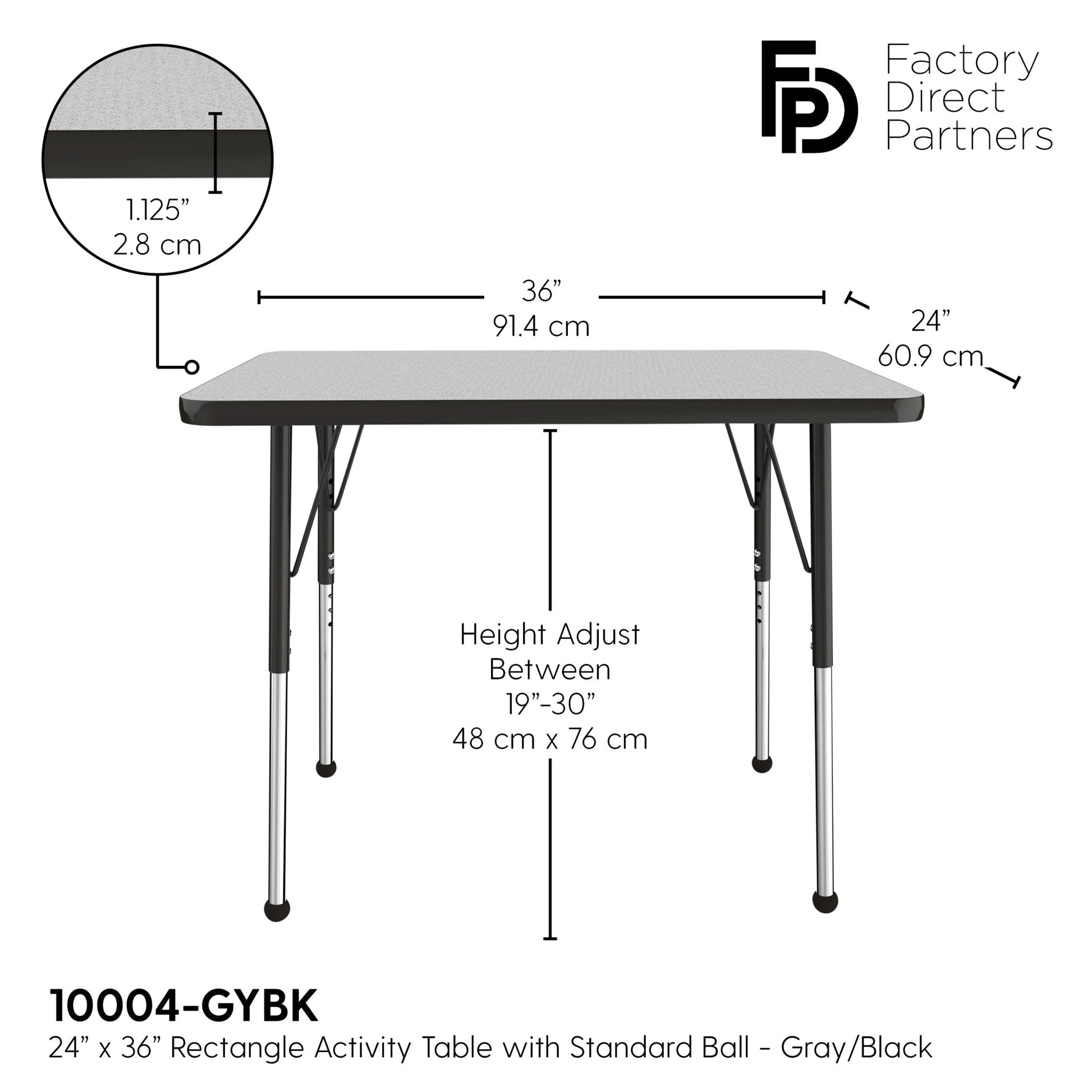FDP 24" x 36" Rectangle T - Molding Activity Table with Adjustable Standard Ball Glide Legs (FDP - 10004 - XX) - SchoolOutlet