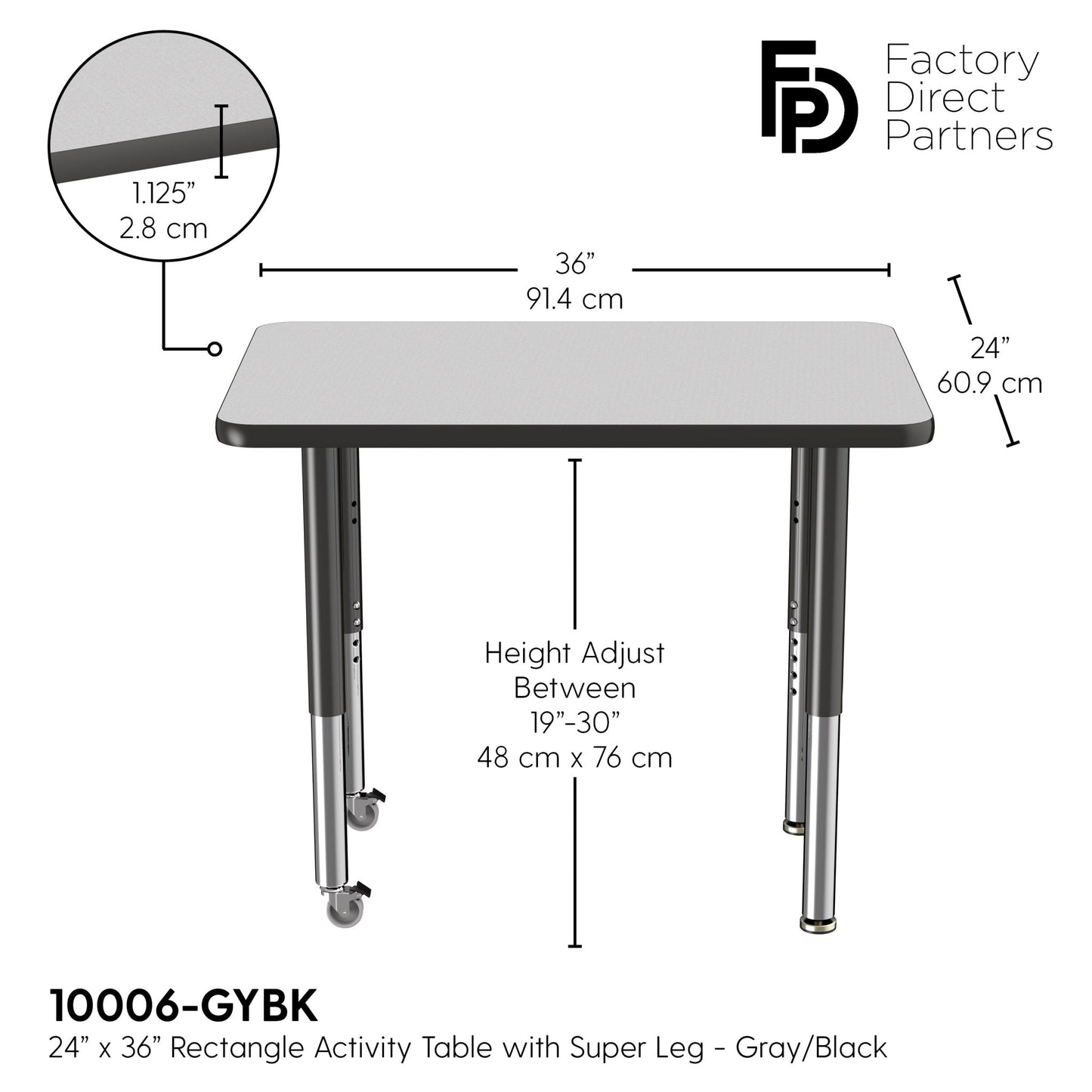 FDP 24" x 36" Rectangle T - Molding Activity Table with Adjustable Super Legs (FDP - 10006 - XX) - SchoolOutlet