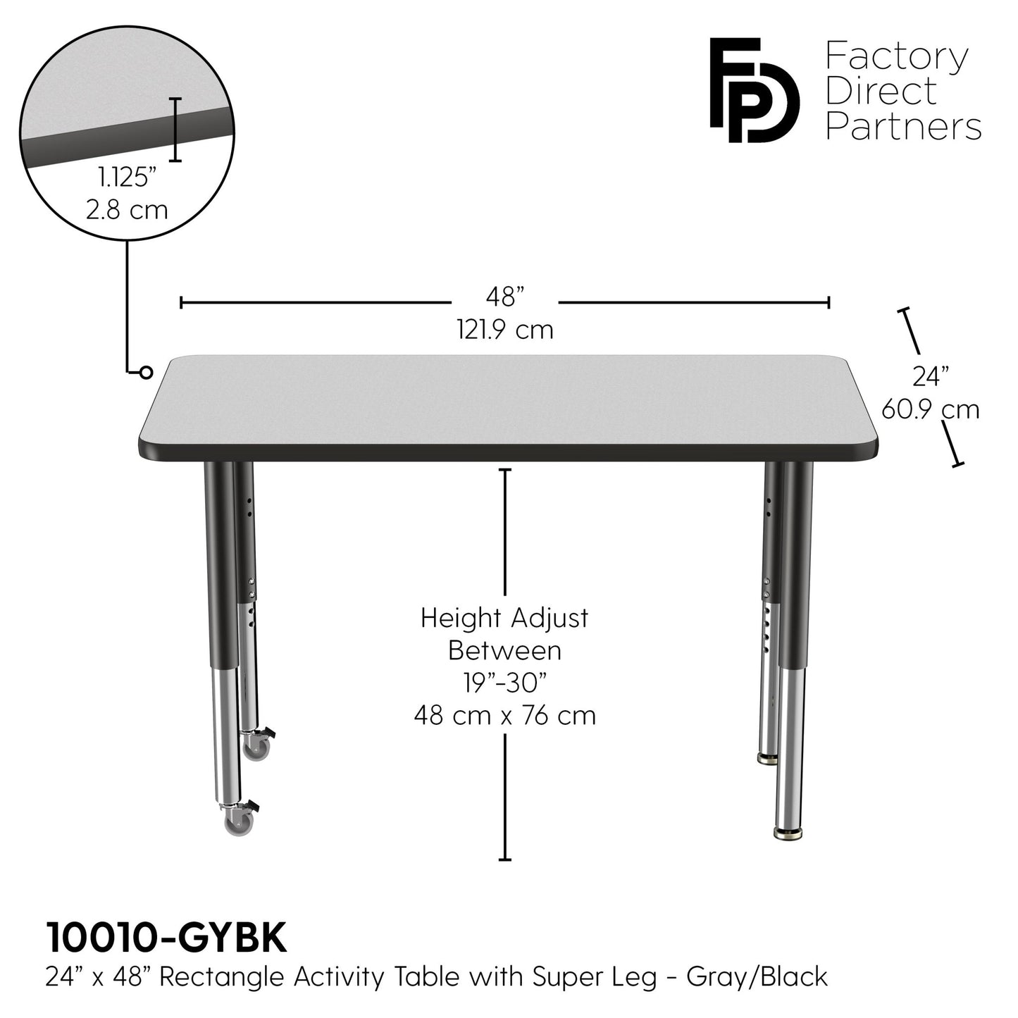 FDP 24" x 48" Rectangle T - Molding Activity Table with Adjustable Super Legs (FDP - 10010 - XX) - SchoolOutlet