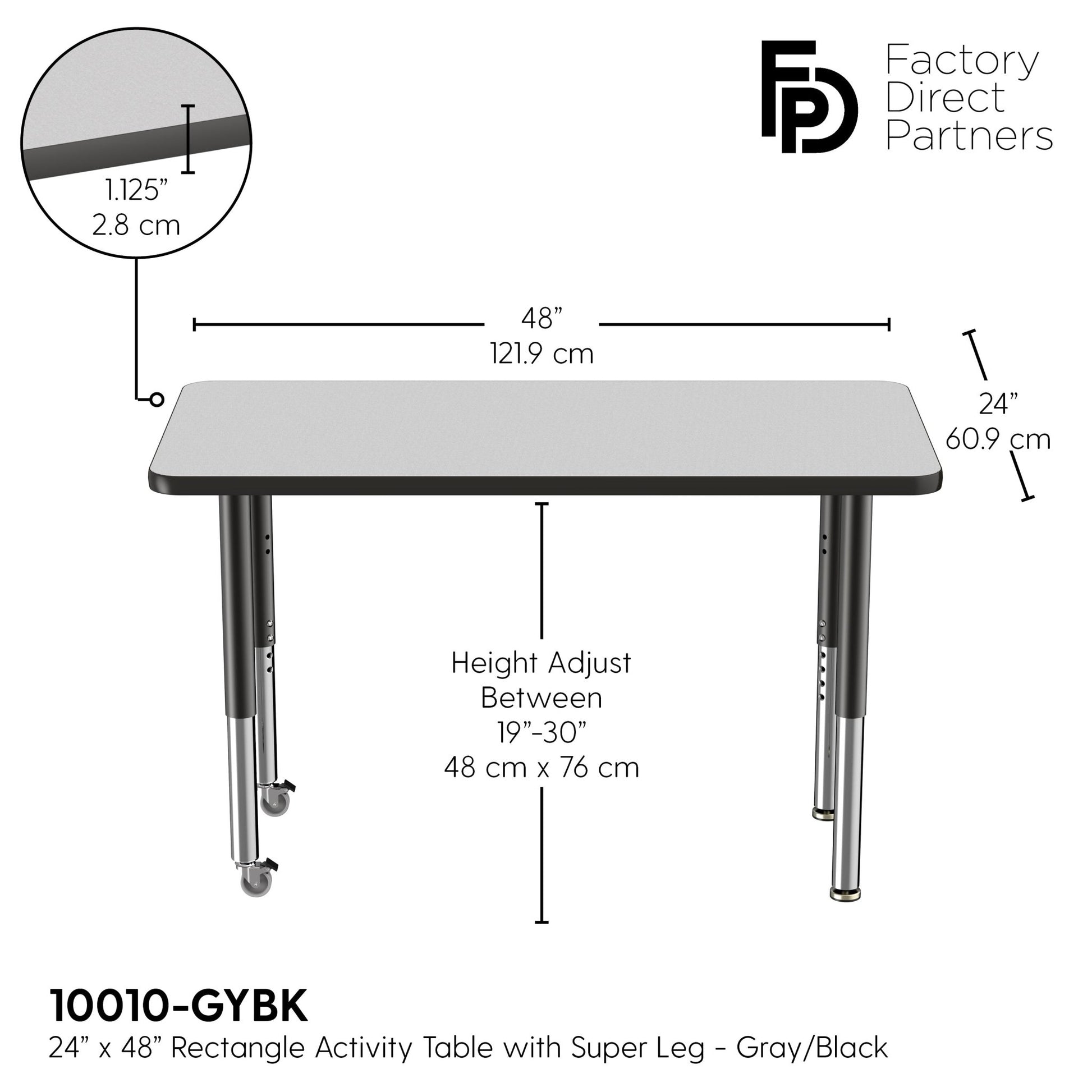 FDP 24" x 48" Rectangle T - Molding Activity Table with Adjustable Super Legs (FDP - 10010 - XX) - SchoolOutlet
