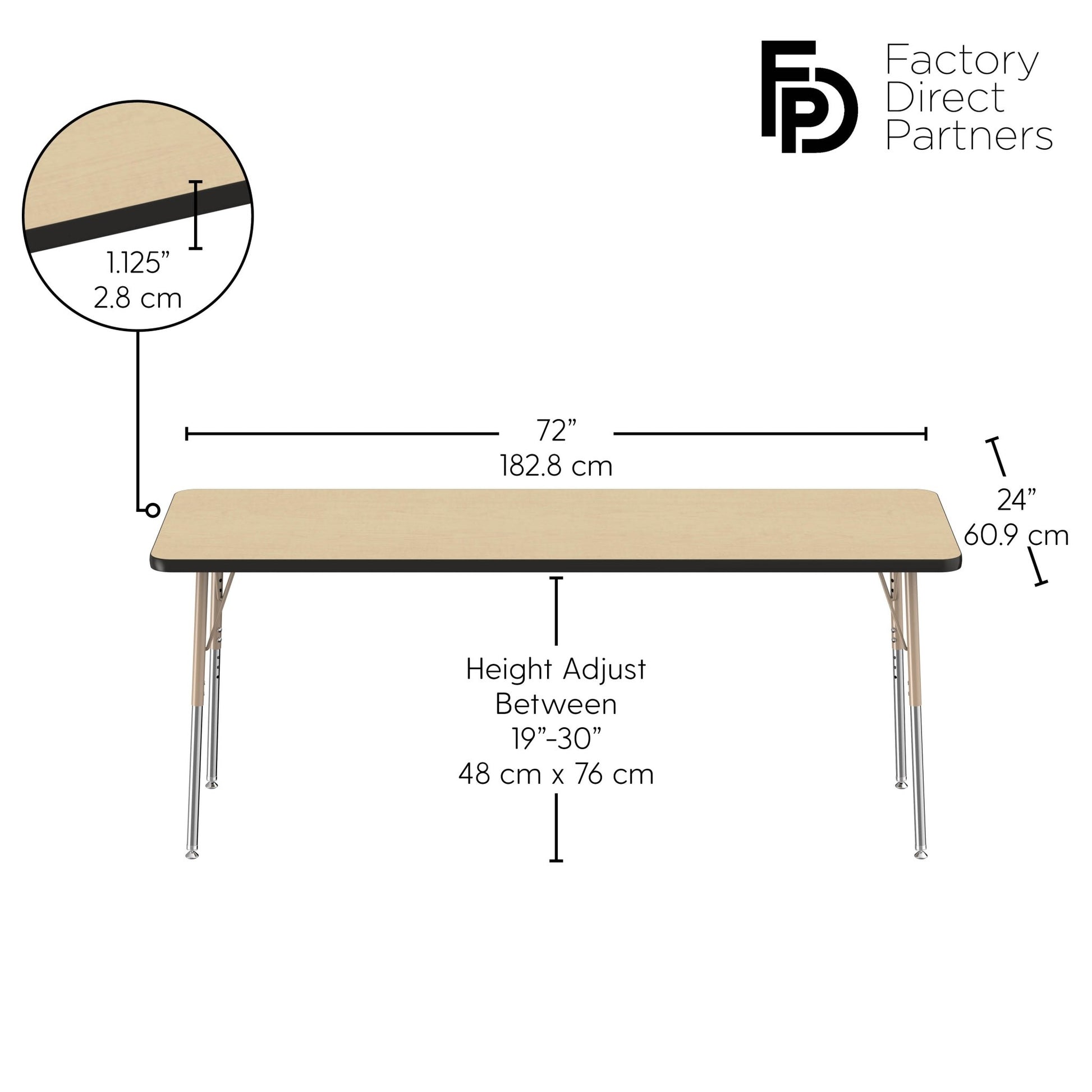 FDP 24" x 72" Rectangle T - Molding Activity Table with Adjustable Standard Swivel Glide Legs (FDP - 10015 - XX) - SchoolOutlet