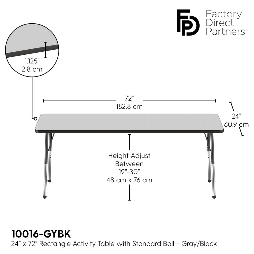 FDP 24" x 72" Rectangle T - Molding Activity Table with Adjustable Standard Ball Glide Legs (FDP - 10016 - XX) - SchoolOutlet