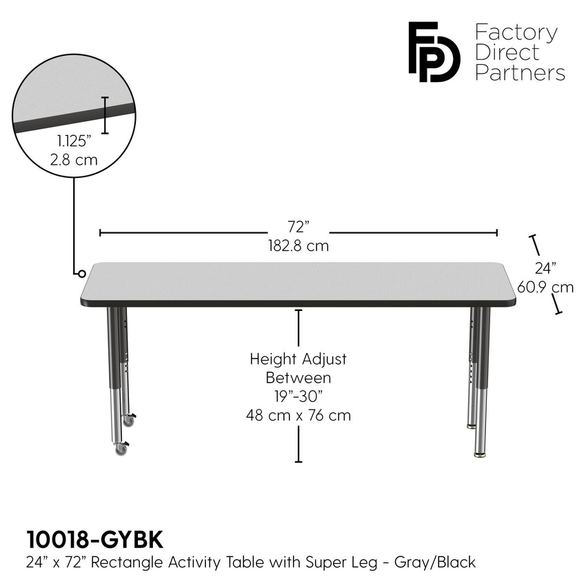 FDP 24" x 72" Rectangle T - Molding Activity Table with Adjustable Super Legs (FDP - 10018 - XX) - SchoolOutlet