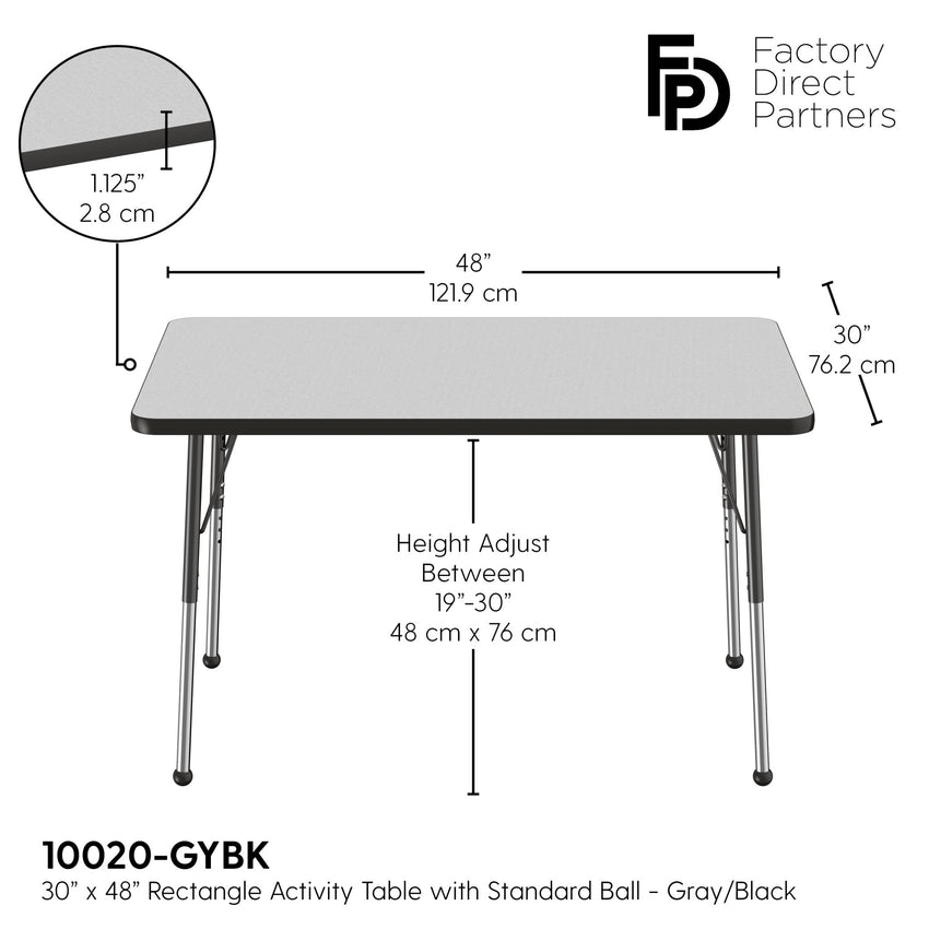 FDP 30" x 48" Rectangle T - Molding Activity Table with Adjustable Standard Ball Glide Legs (FDP - 10020 - XX) - SchoolOutlet