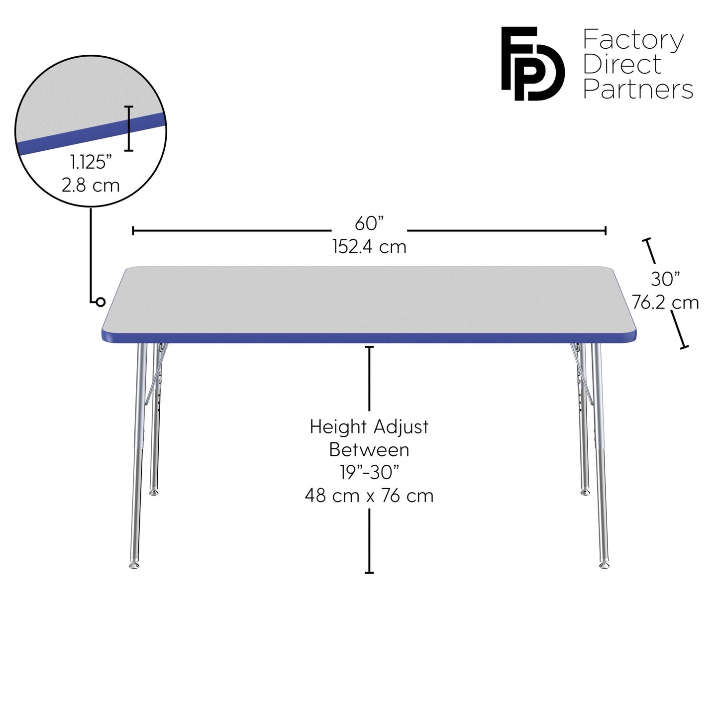 FDP 30" x 60" Rectangle T - Molding Activity Table with Adjustable Standard Swivel Glide Legs (FDP - 10023 - XX) - SchoolOutlet