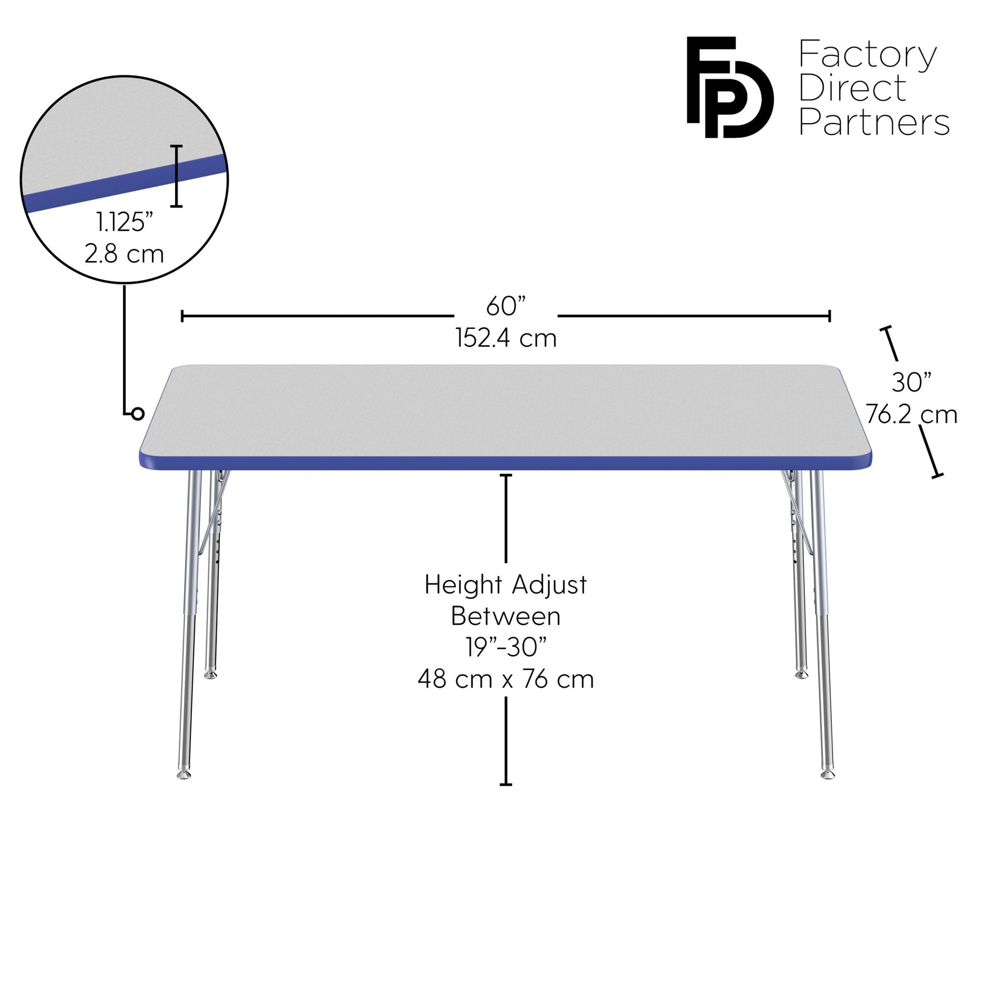 FDP 30" x 60" Rectangle T - Molding Activity Table with Adjustable Standard Swivel Glide Legs (FDP - 10023 - XX) - SchoolOutlet