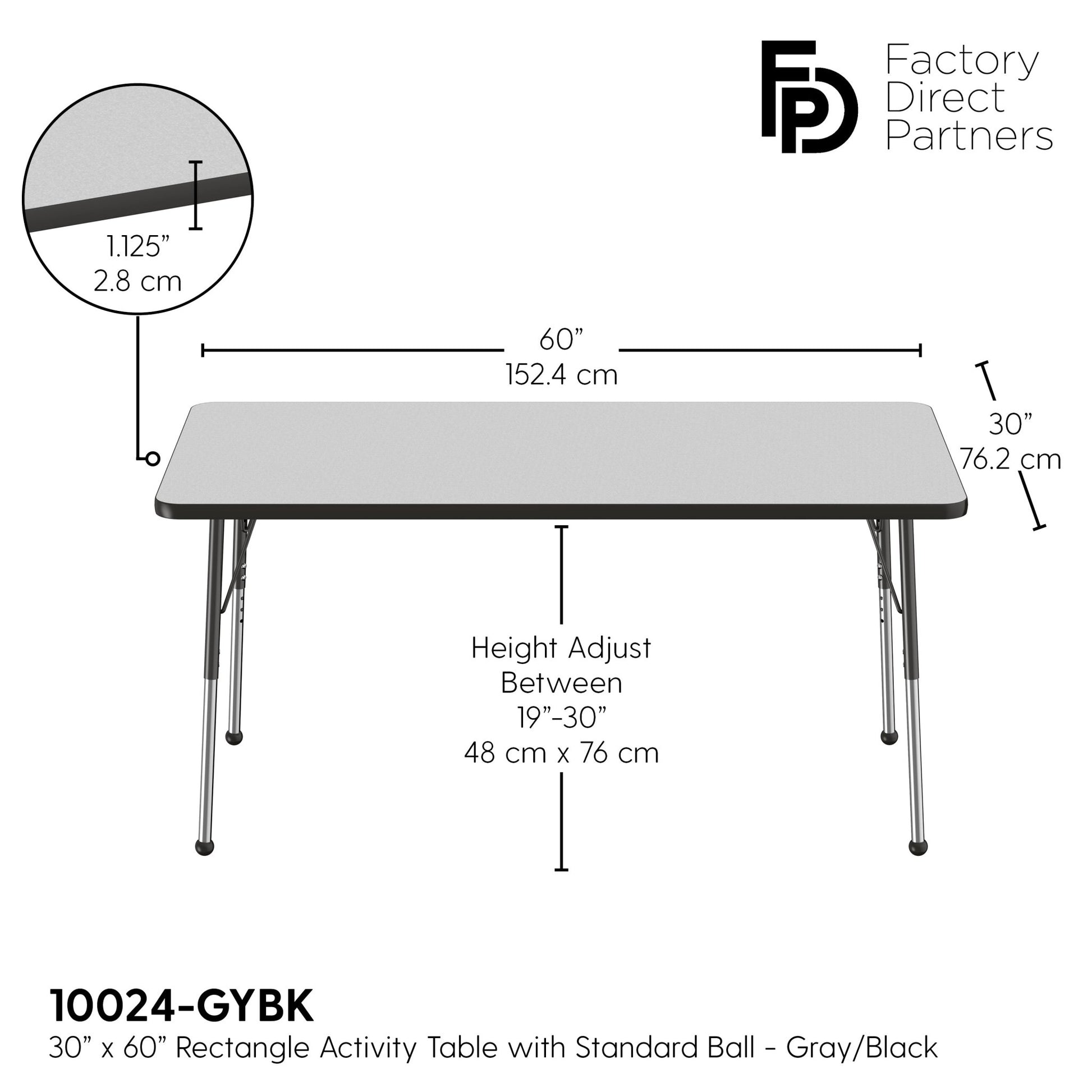 FDP 30" x 60" Rectangle T - Molding Activity Table with Adjustable Standard Ball Glide Legs (FDP - 10024 - XX) - SchoolOutlet
