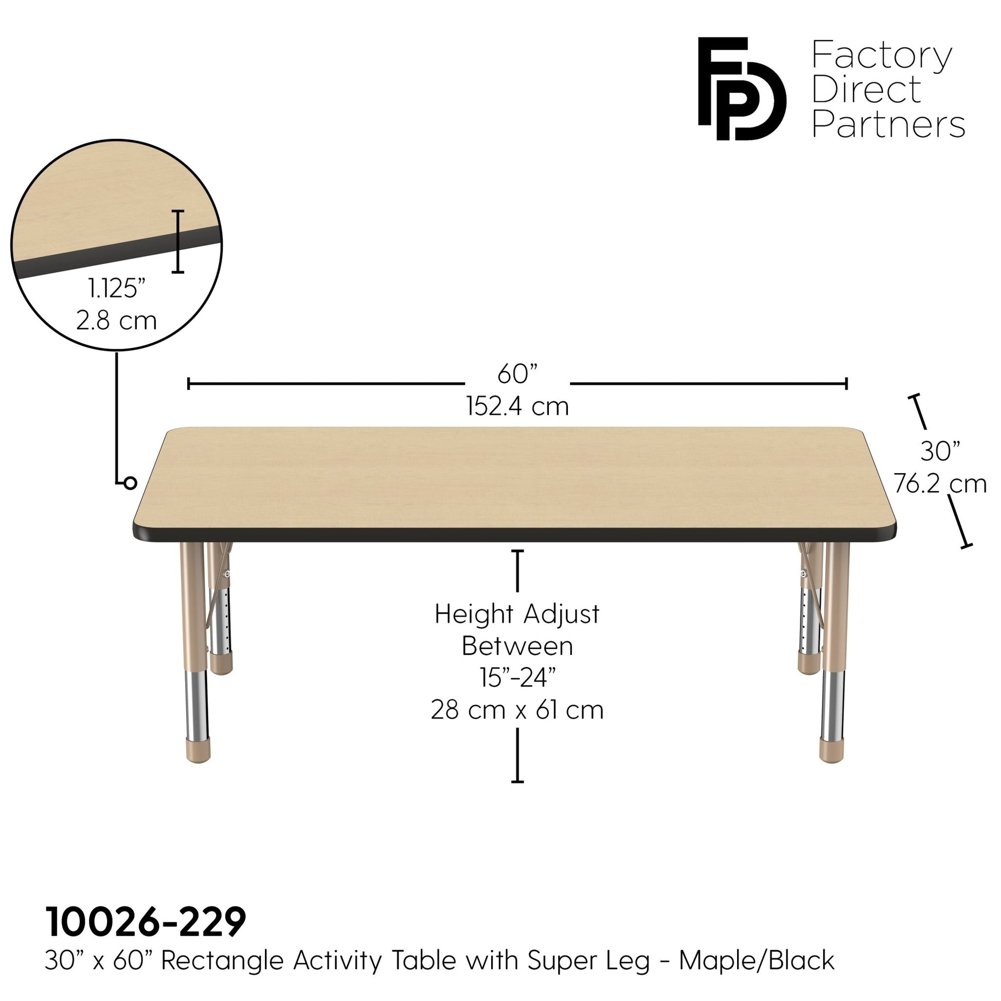FDP 30" x 60" Rectangle T - Molding Activity Table with Adjustable Chunky Legs (FDP - 10025 - XX) - SchoolOutlet