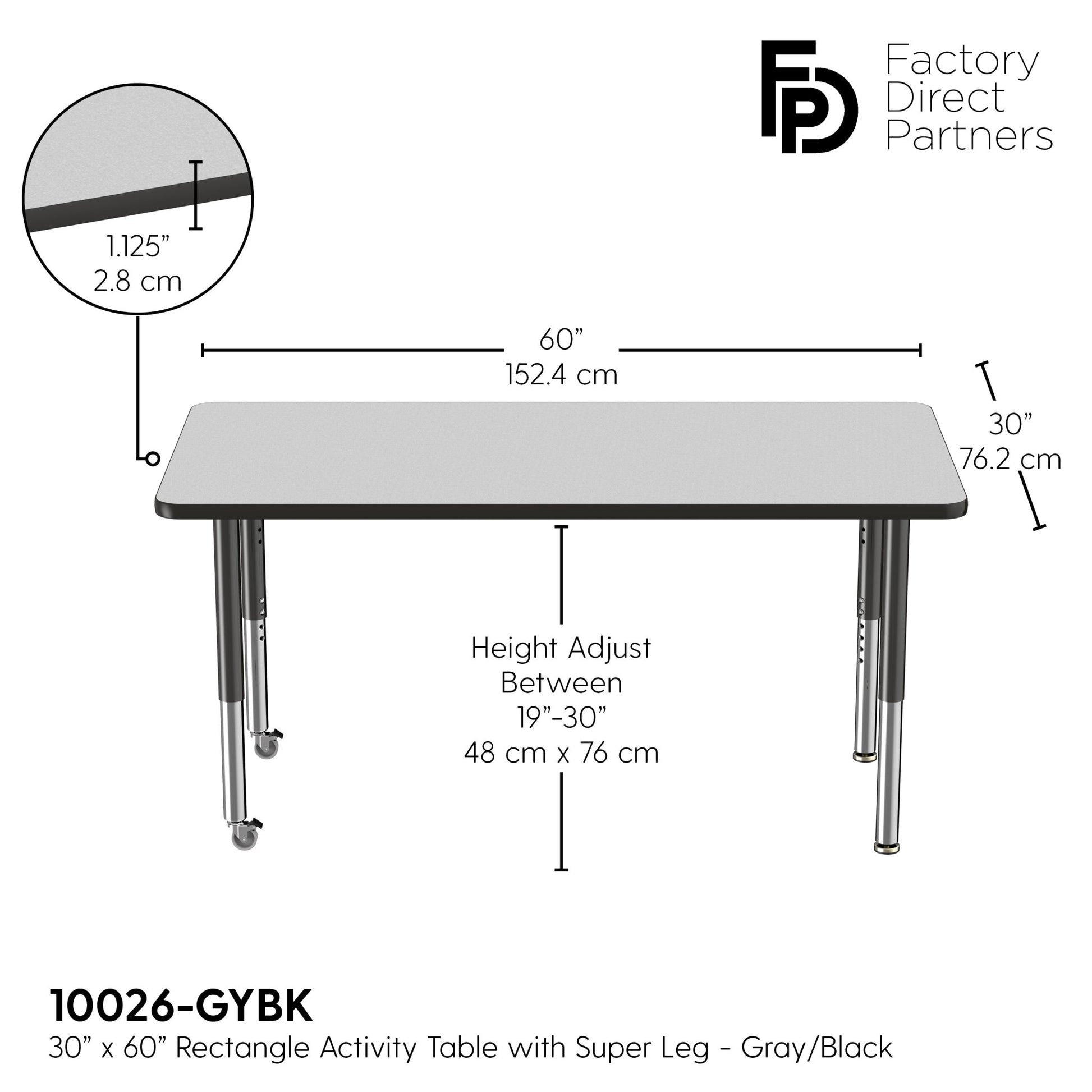 FDP 30" x 60" Rectangle T - Molding Activity Table with Adjustable Super Legs (FDP - 10026 - XX) - SchoolOutlet