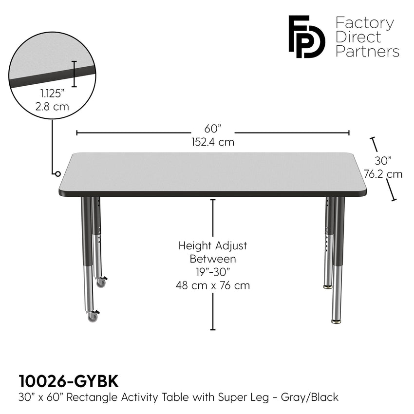 FDP 30" x 60" Rectangle T - Molding Activity Table with Adjustable Super Legs (FDP - 10026 - XX) - SchoolOutlet