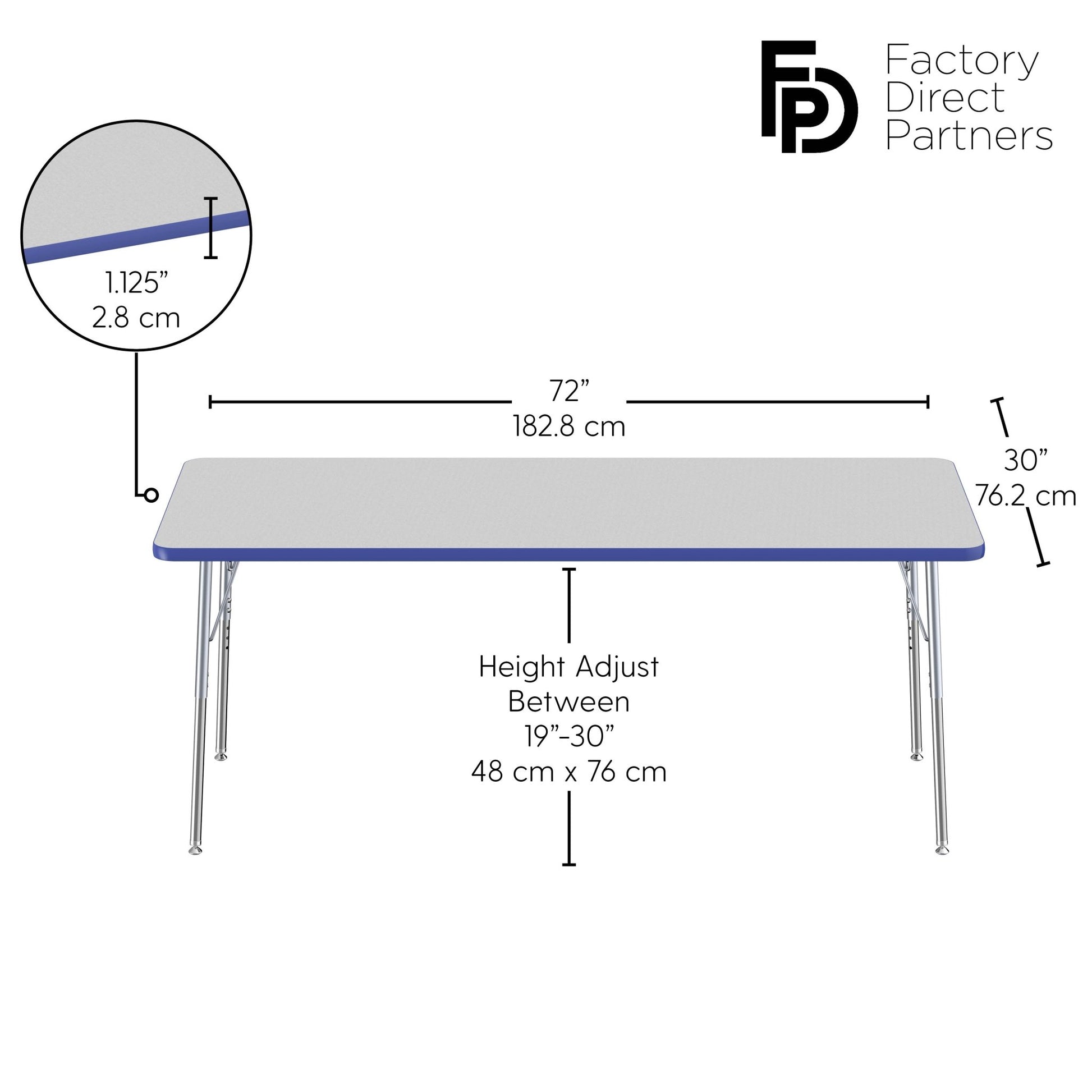 FDP 30" x 72" Rectangle T - Molding Activity Table with Adjustable Standard Swivel Glide Legs (FDP - 10027 - XX) - SchoolOutlet