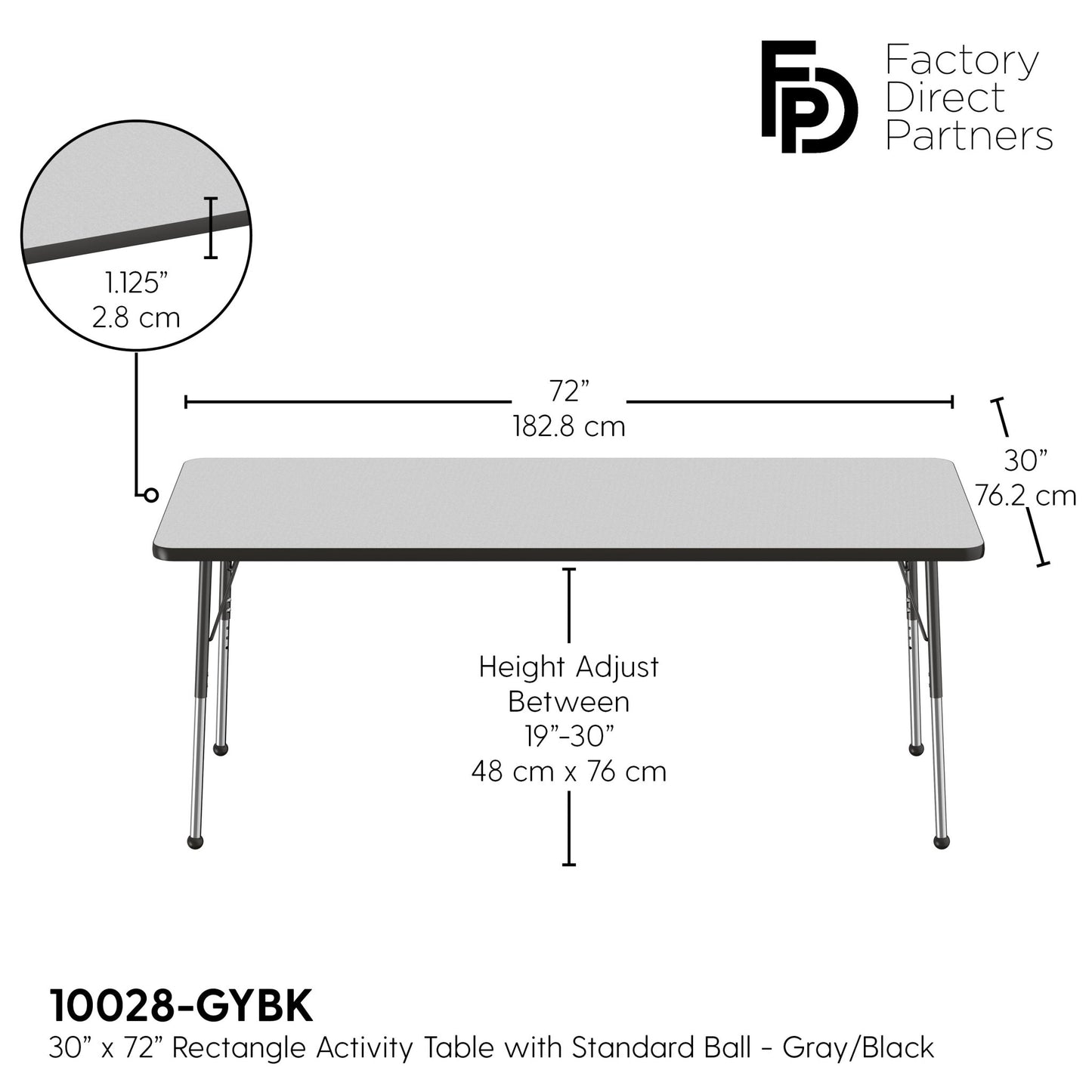 FDP 30" x 72" Rectangle T - Molding Activity Table with Adjustable Standard Ball Glide Legs (FDP - 10028 - XX) - SchoolOutlet