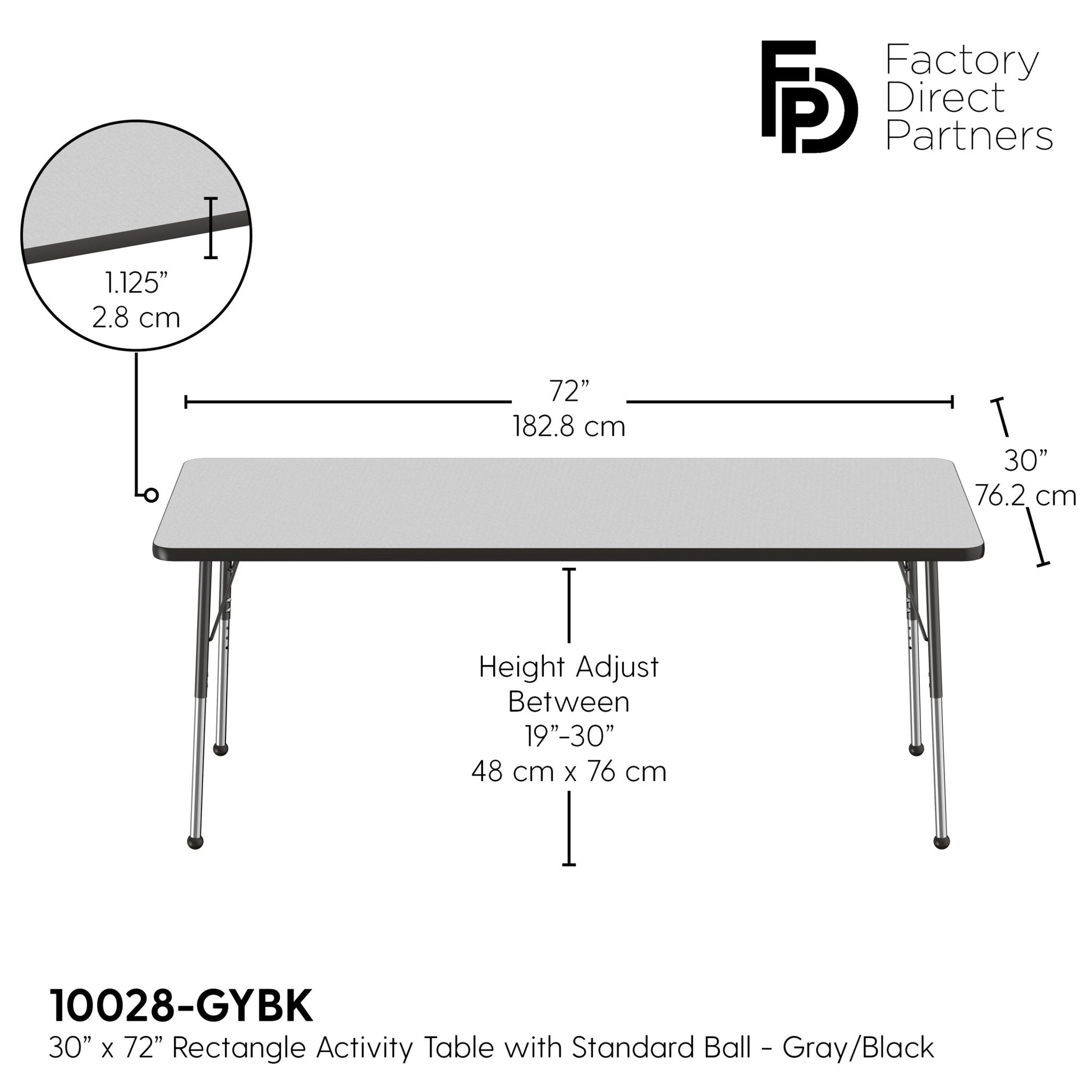FDP 30" x 72" Rectangle T - Molding Activity Table with Adjustable Standard Ball Glide Legs (FDP - 10028 - XX) - SchoolOutlet