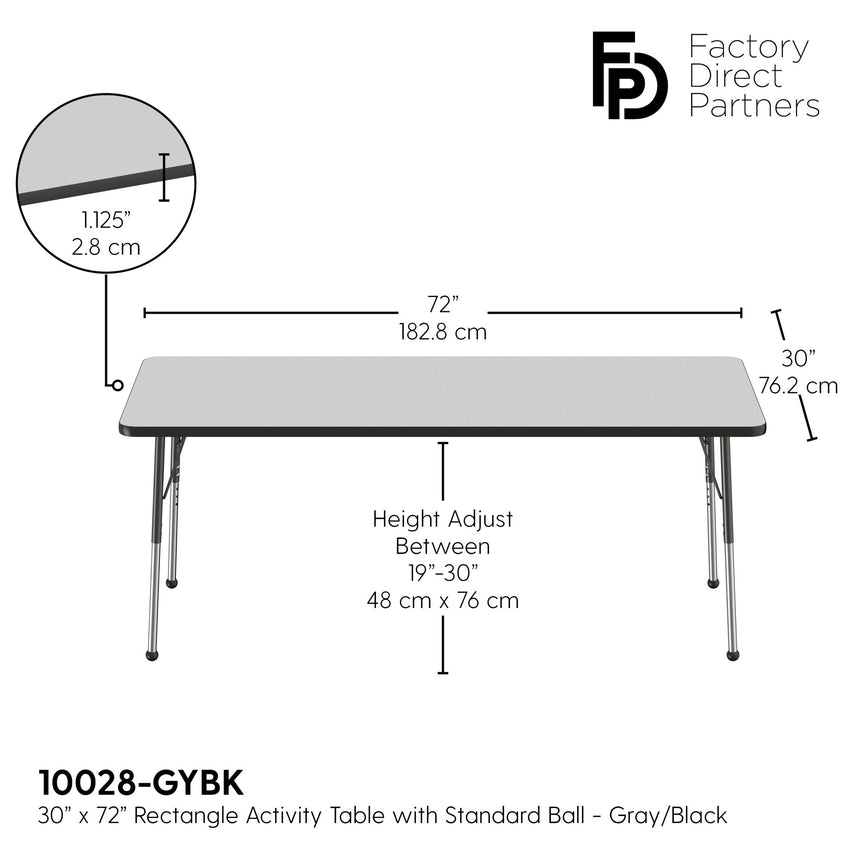 FDP 30" x 72" Rectangle T - Molding Activity Table with Adjustable Standard Ball Glide Legs (FDP - 10028 - XX) - SchoolOutlet