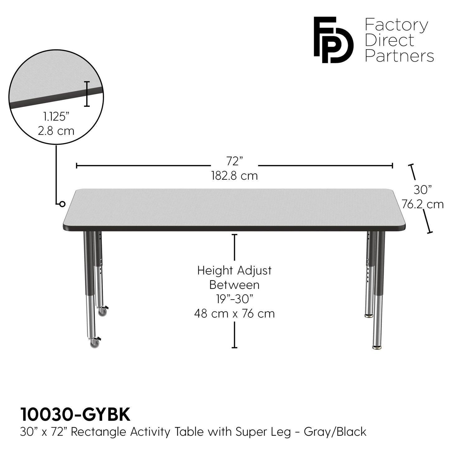 FDP 30" x 72" Rectangle T - Molding Activity Table with Adjustable Super Legs (FDP - 10030 - XX) - SchoolOutlet