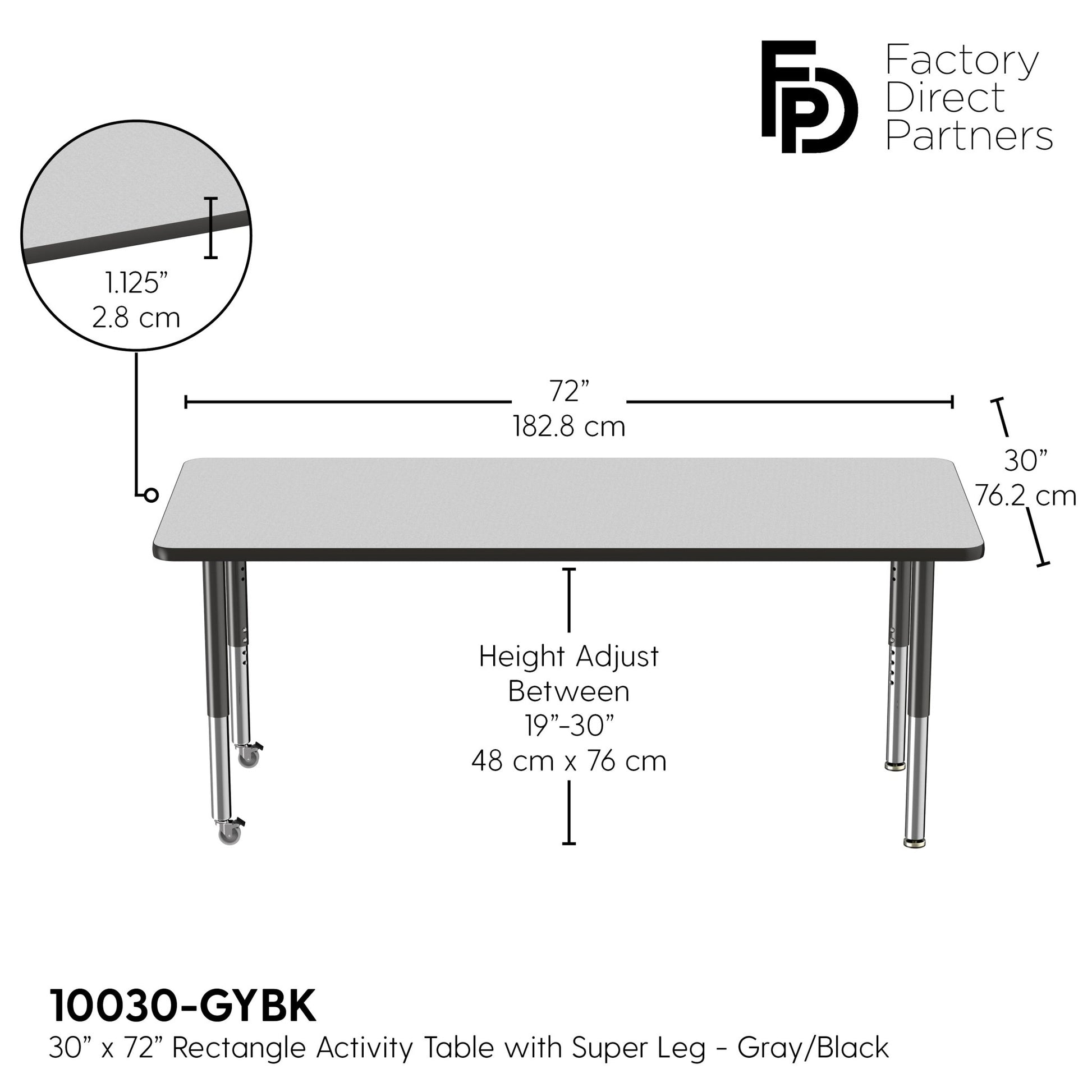 FDP 30" x 72" Rectangle T - Molding Activity Table with Adjustable Super Legs (FDP - 10030 - XX) - SchoolOutlet