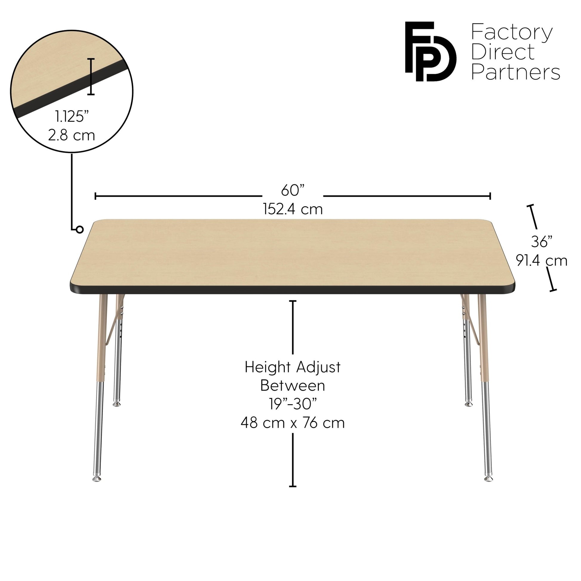FDP 36" x 60" Rectangle T - Molding Activity Table with Adjustable Standard Swivel Glide Legs (FDP - 10031 - XX) - SchoolOutlet