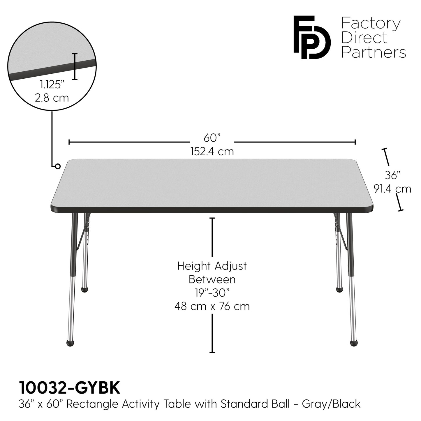 FDP 36" x 60" Rectangle T - Molding Activity Table with Adjustable Standard Ball Glide Legs (FDP - 10032 - XX) - SchoolOutlet