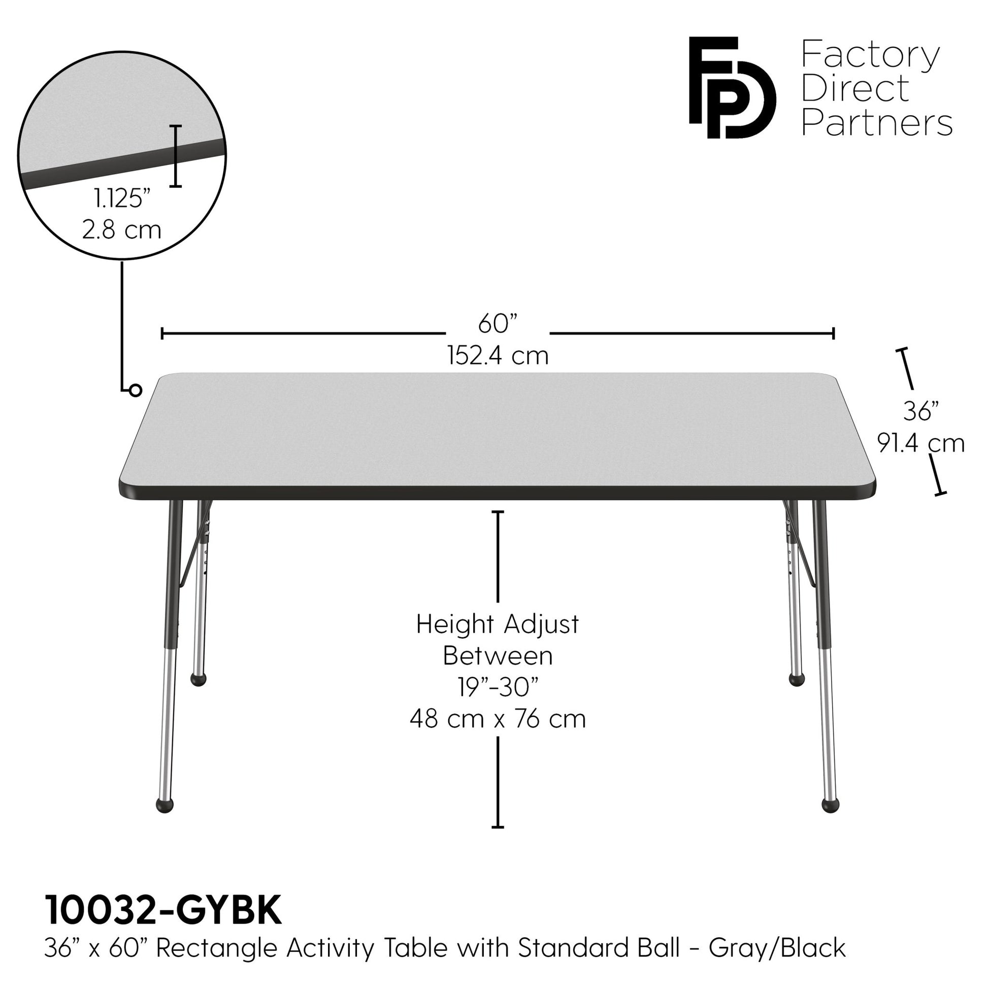 FDP 36" x 60" Rectangle T - Molding Activity Table with Adjustable Standard Ball Glide Legs (FDP - 10032 - XX) - SchoolOutlet