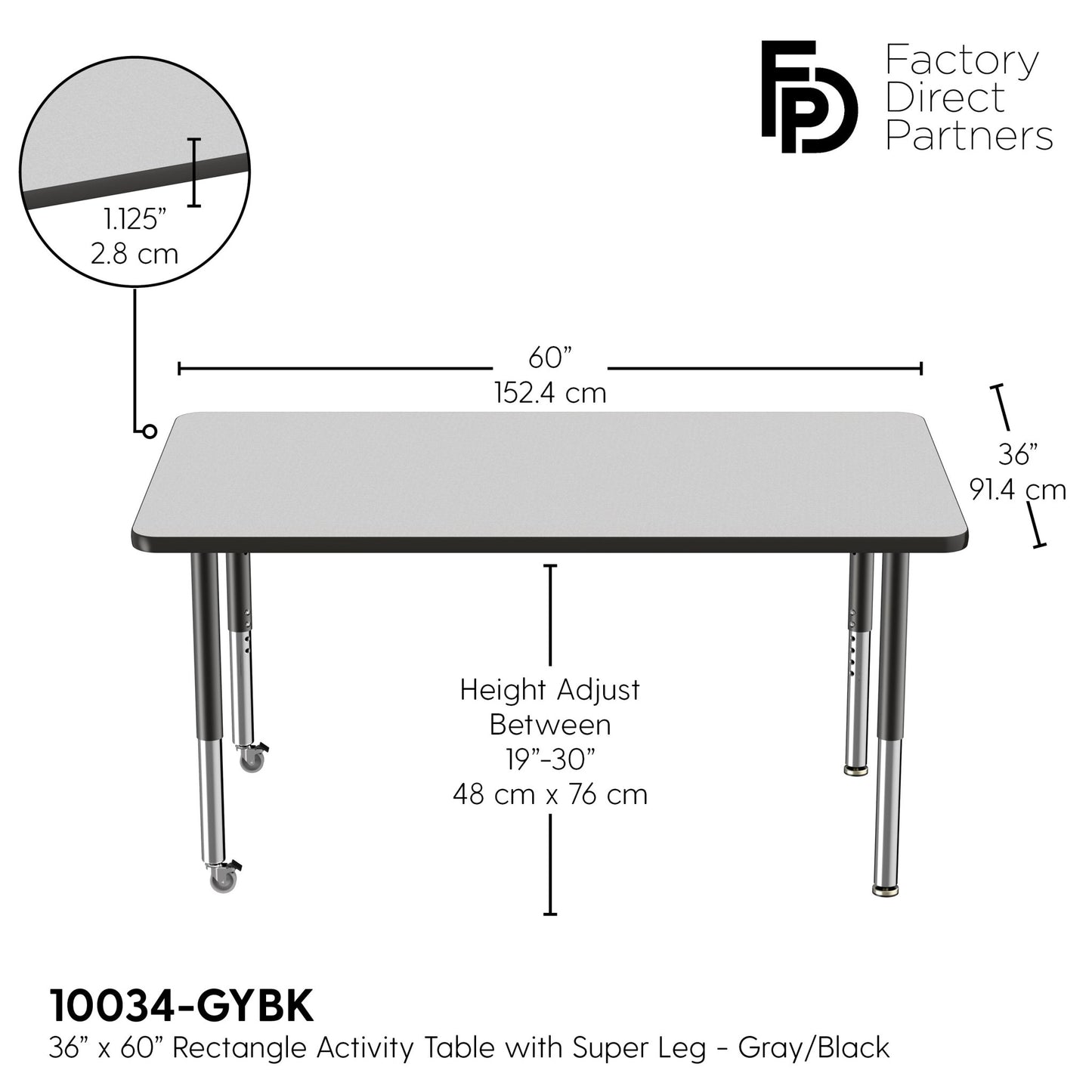 FDP 36" x 60" Rectangle T - Molding Activity Table with Adjustable Super Legs (FDP - 10034 - XX) - SchoolOutlet