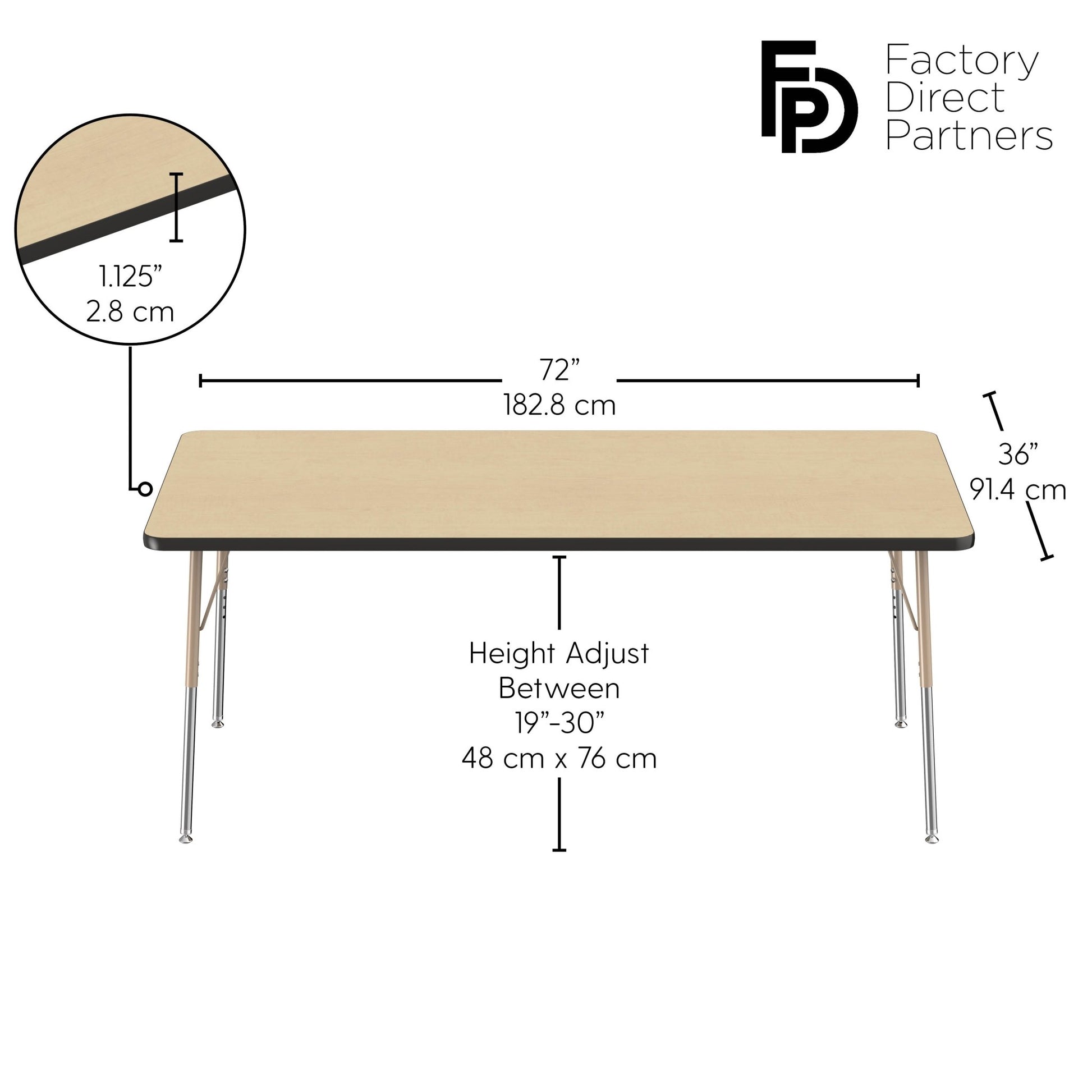 FDP 36" x 72" Rectangle T - Molding Activity Table with Adjustable Standard Swivel Glide Legs (FDP - 10035 - XX) - SchoolOutlet
