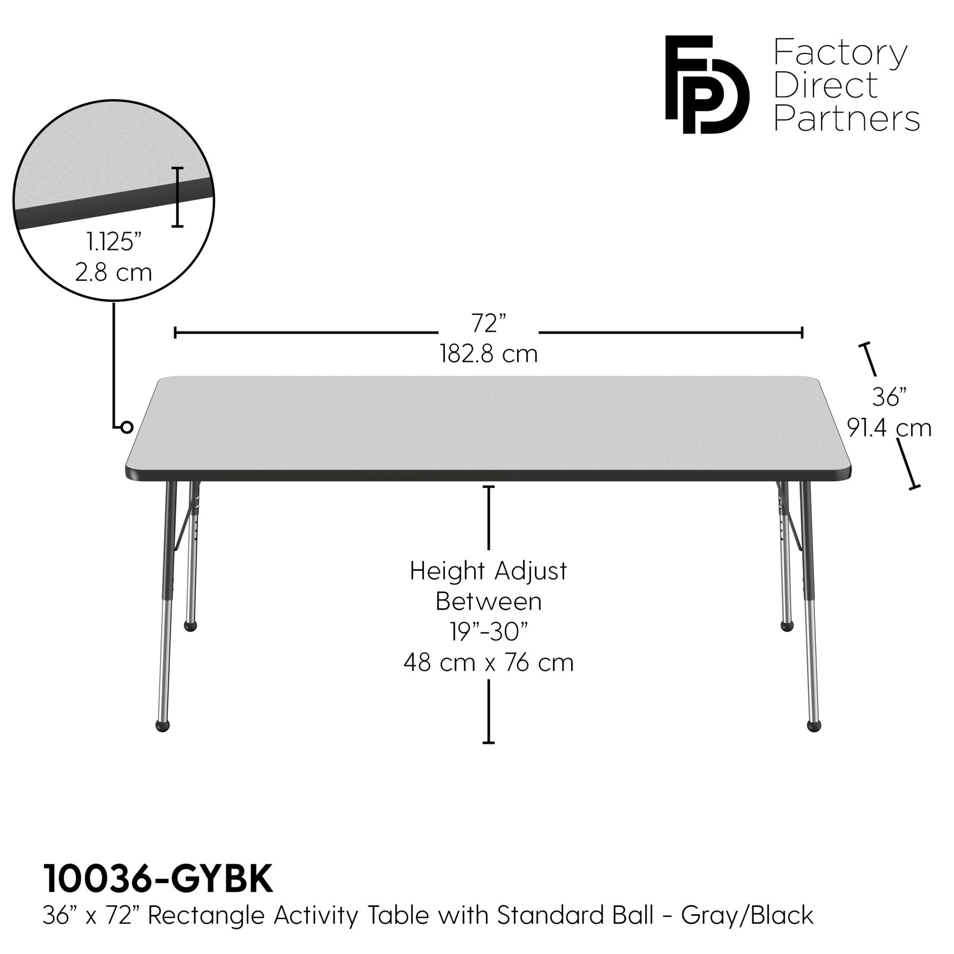 FDP 36" x 72" Rectangle T - Molding Activity Table with Adjustable Standard Ball Glide Legs (FDP - 10036 - XX) - SchoolOutlet