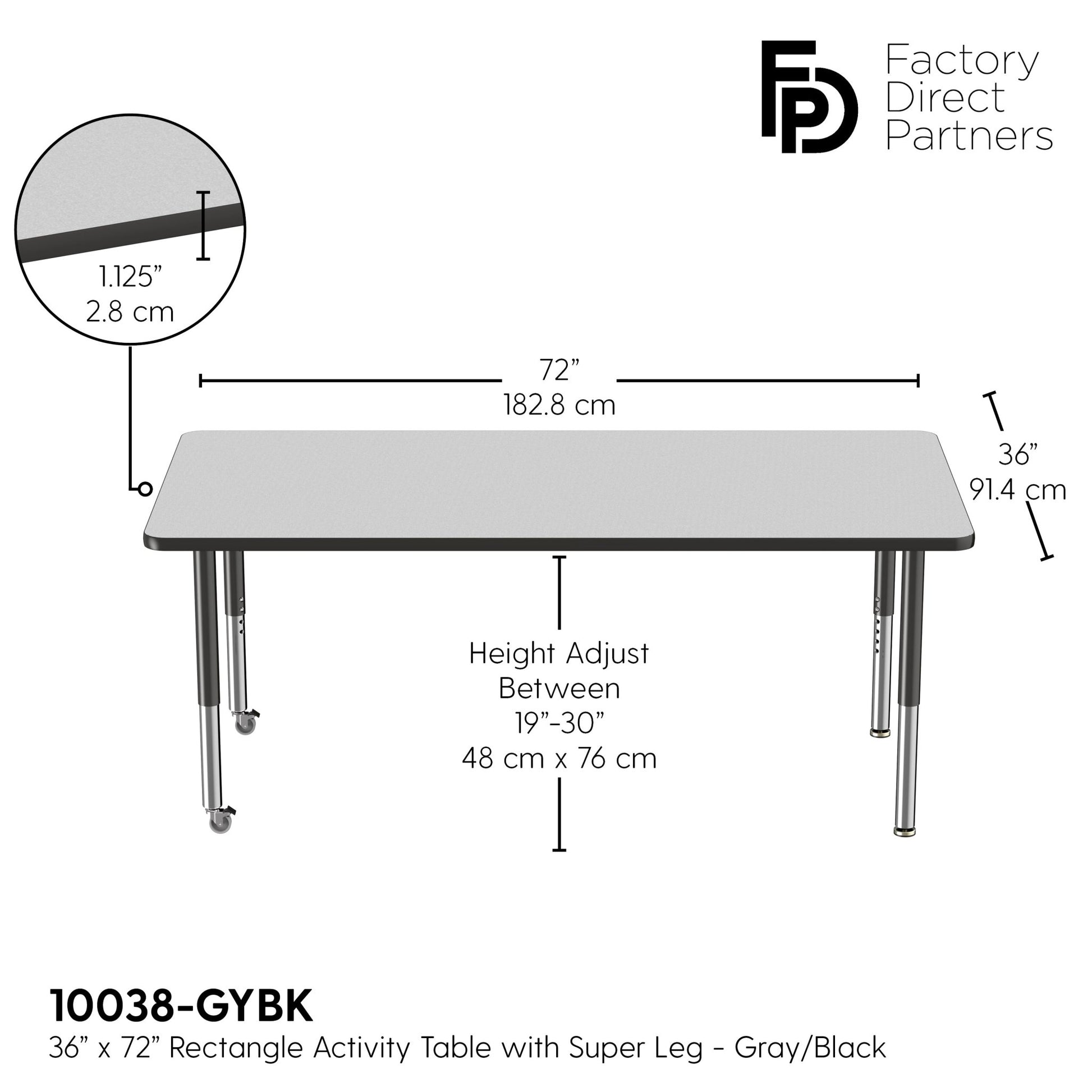 FDP 36" x 72" Rectangle T - Molding Activity Table with Adjustable Super Legs (FDP - 10038 - XX) - SchoolOutlet