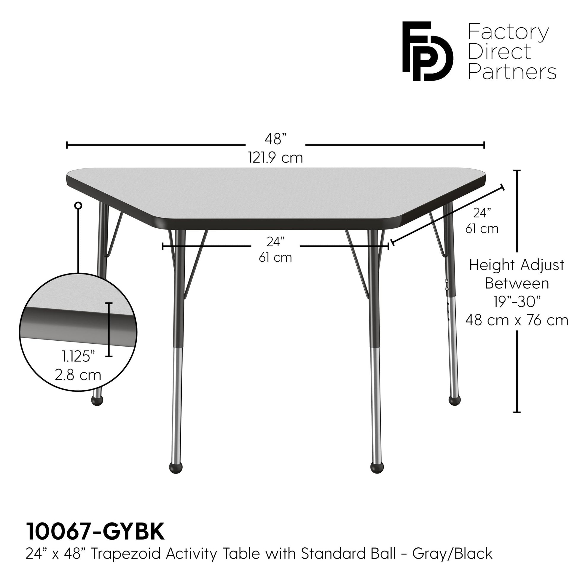 FDP 24" x 48" Trapezoid T - Molding Activity Table with Adjustable Standard Ball Glide Legs (FDP - 10067 - XX) - SchoolOutlet