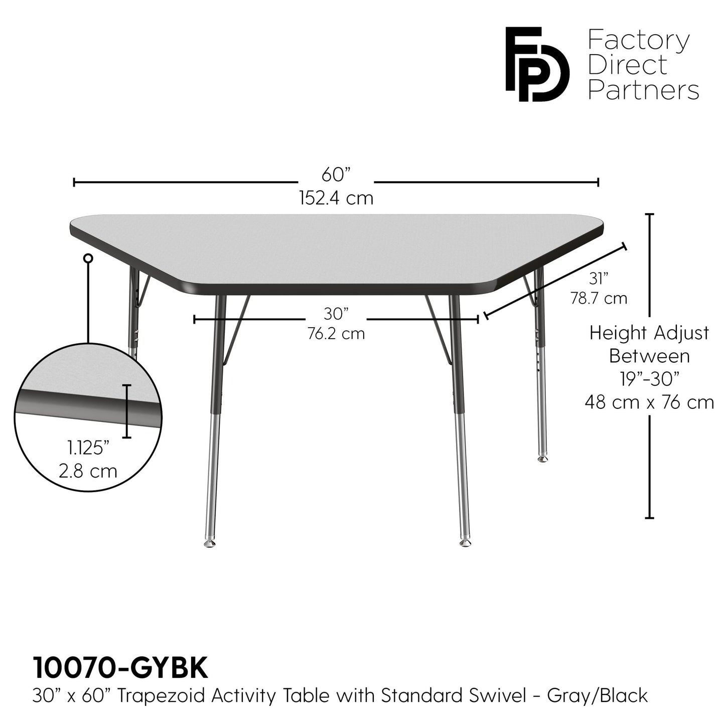 FDP 30" x 60" Trapezoid T - Molding Activity Table with Adjustable Standard Swivel Glide Legs (FDP - 10070 - XX) - SchoolOutlet