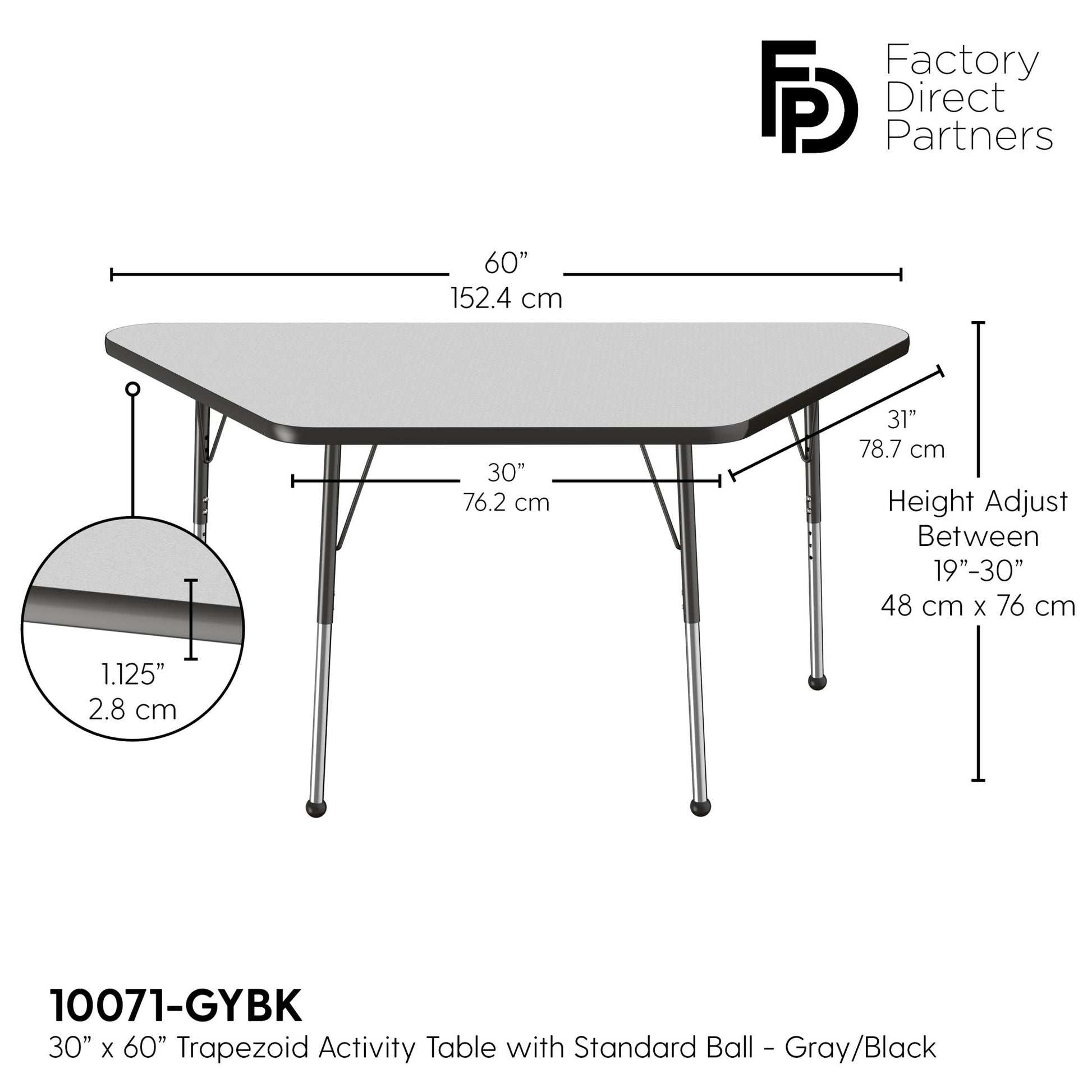 FDP 30" x 60" Trapezoid T - Molding Activity Table with Adjustable Standard Ball Glide Legs (FDP - 10071 - XX) - SchoolOutlet