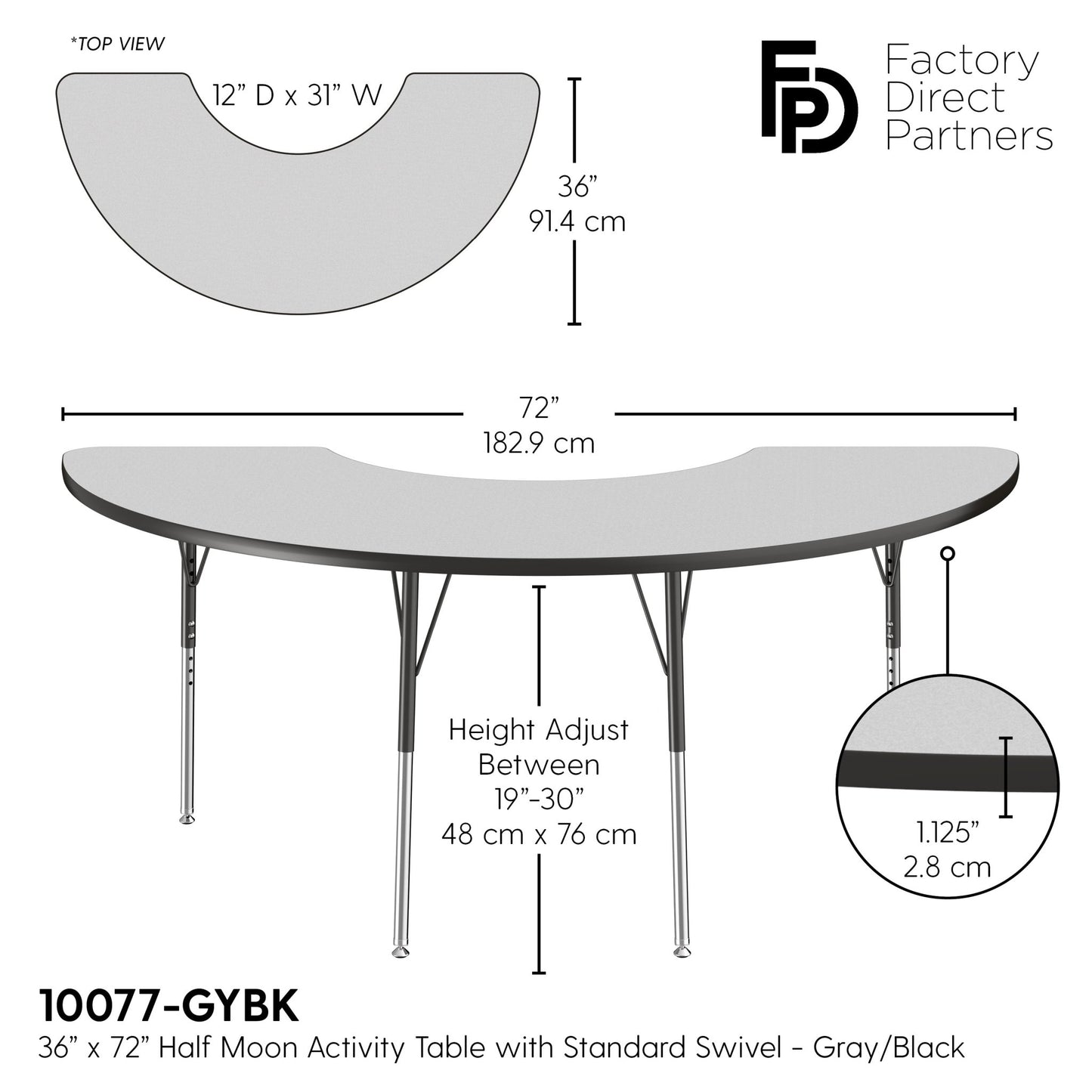 FDP 36" x 72" Half Moon T - Molding Activity Table with Adjustable Standard Swivel Glide Legs (FDP - 10077 - XX) - SchoolOutlet